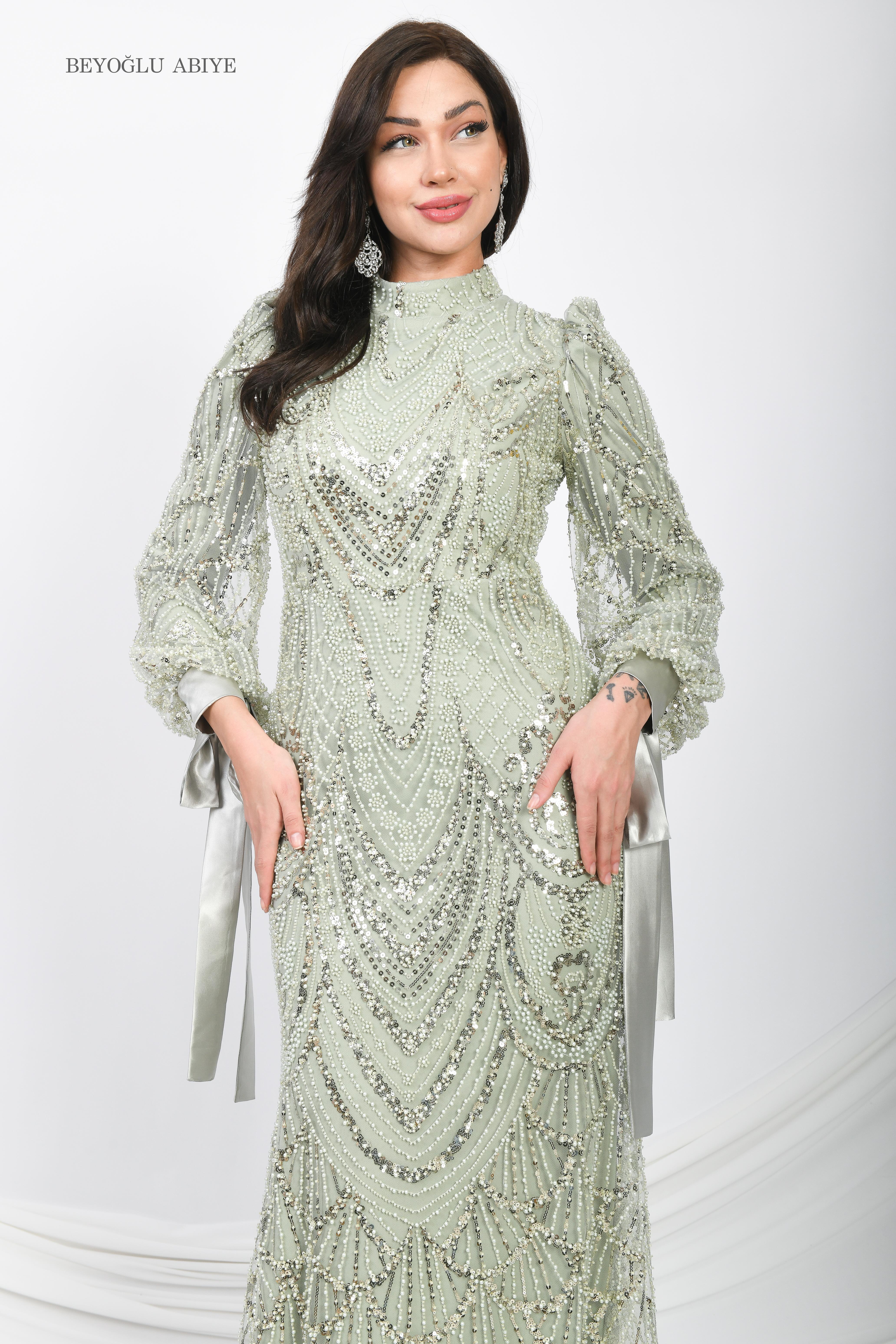 Kolları Bağlamalı Abiye Elbise Yeşil OTW6105