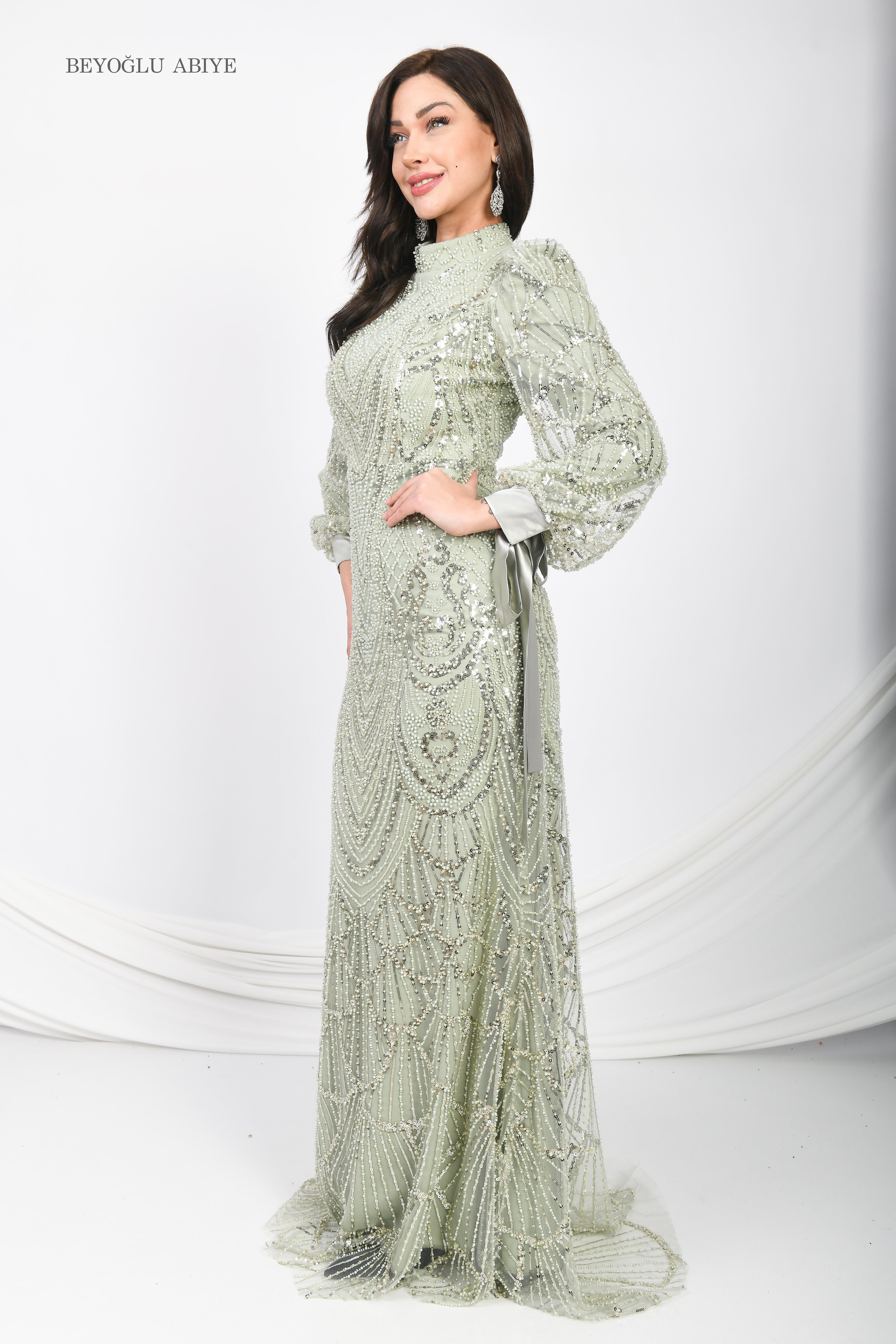 Kolları Bağlamalı Abiye Elbise Yeşil OTW6105