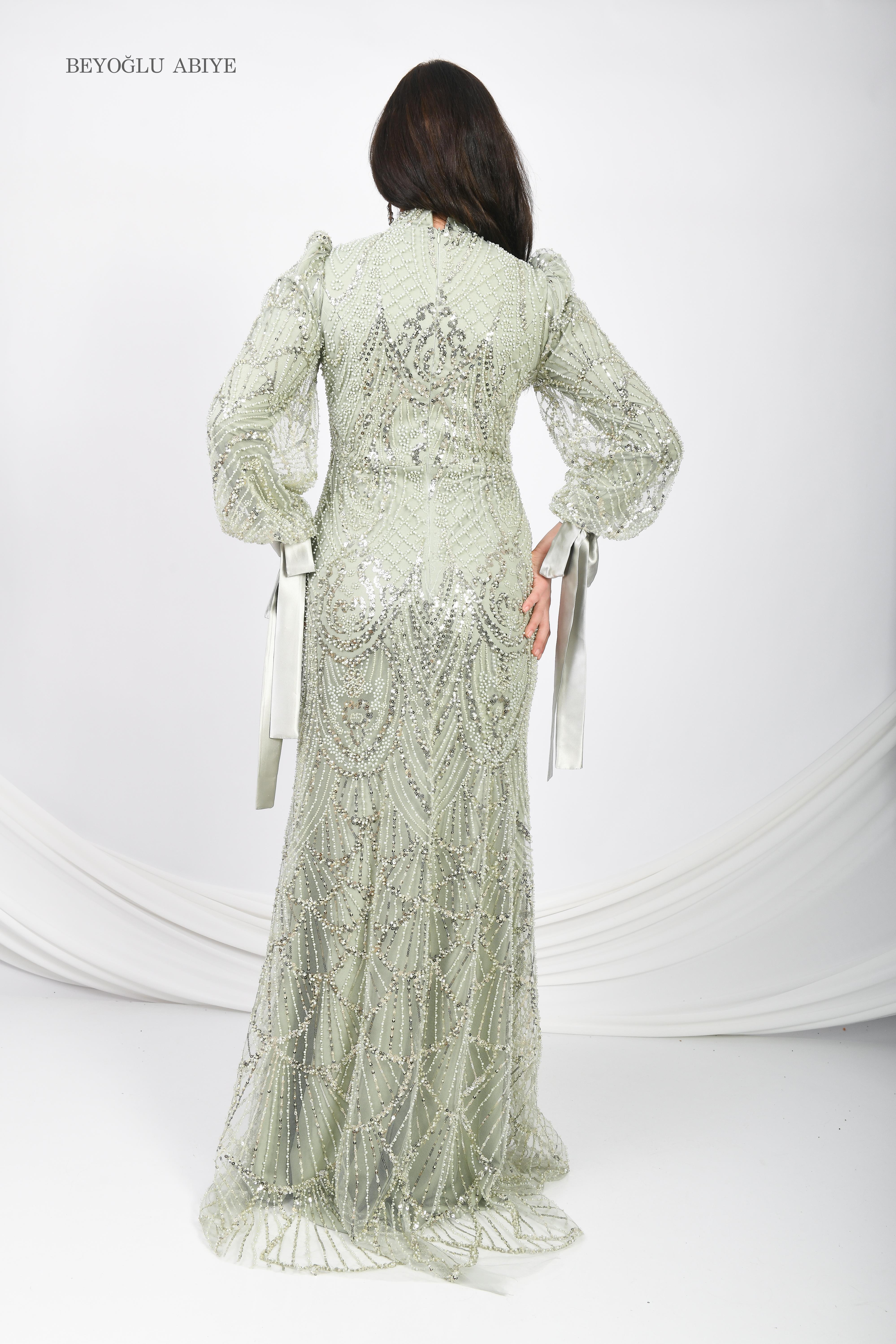 Kolları Bağlamalı Abiye Elbise Yeşil OTW6105