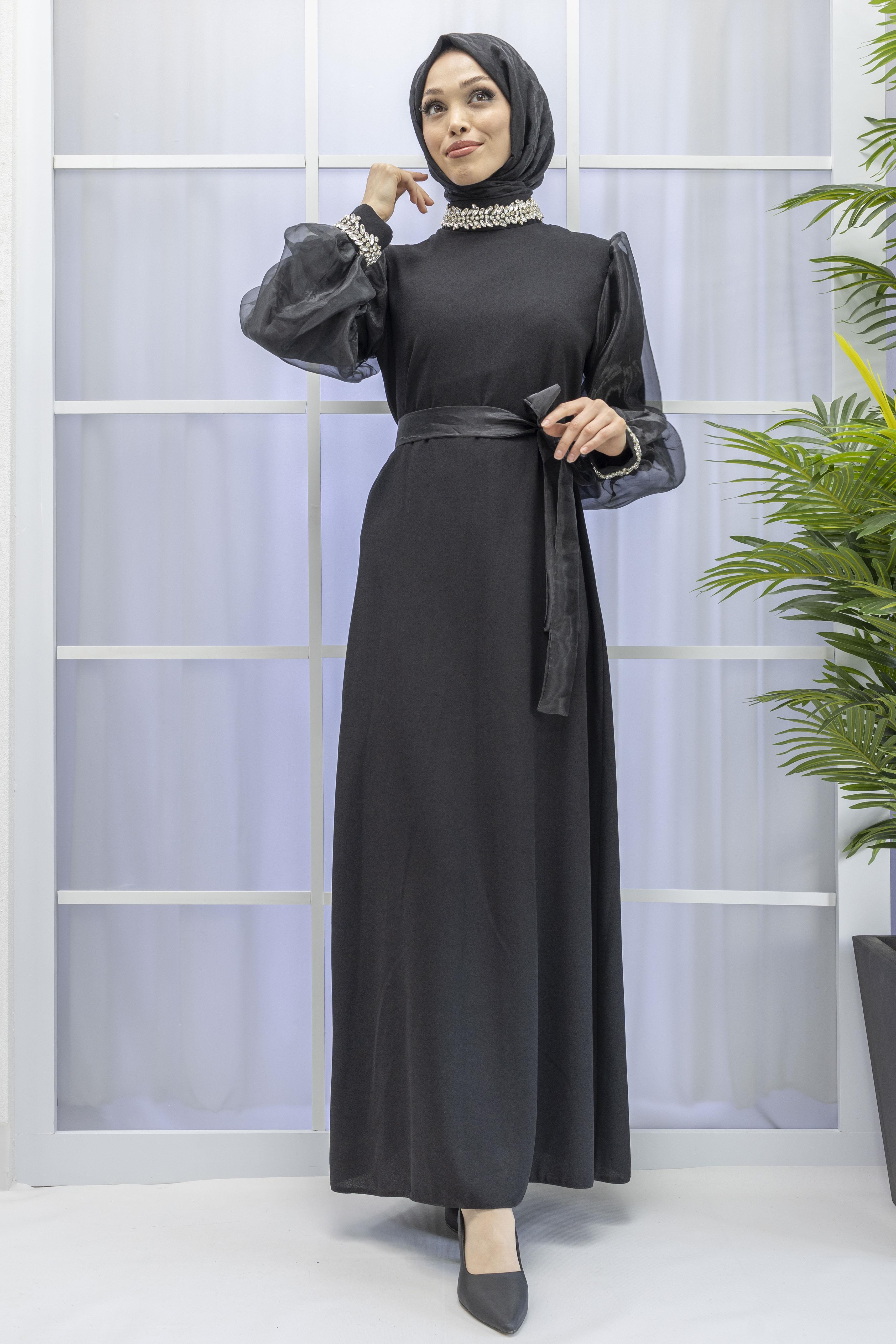 KOLLARI TÜL MANŞET VE BOYNU TAŞLI ABİYE ELBİSE Siyah OTW4576