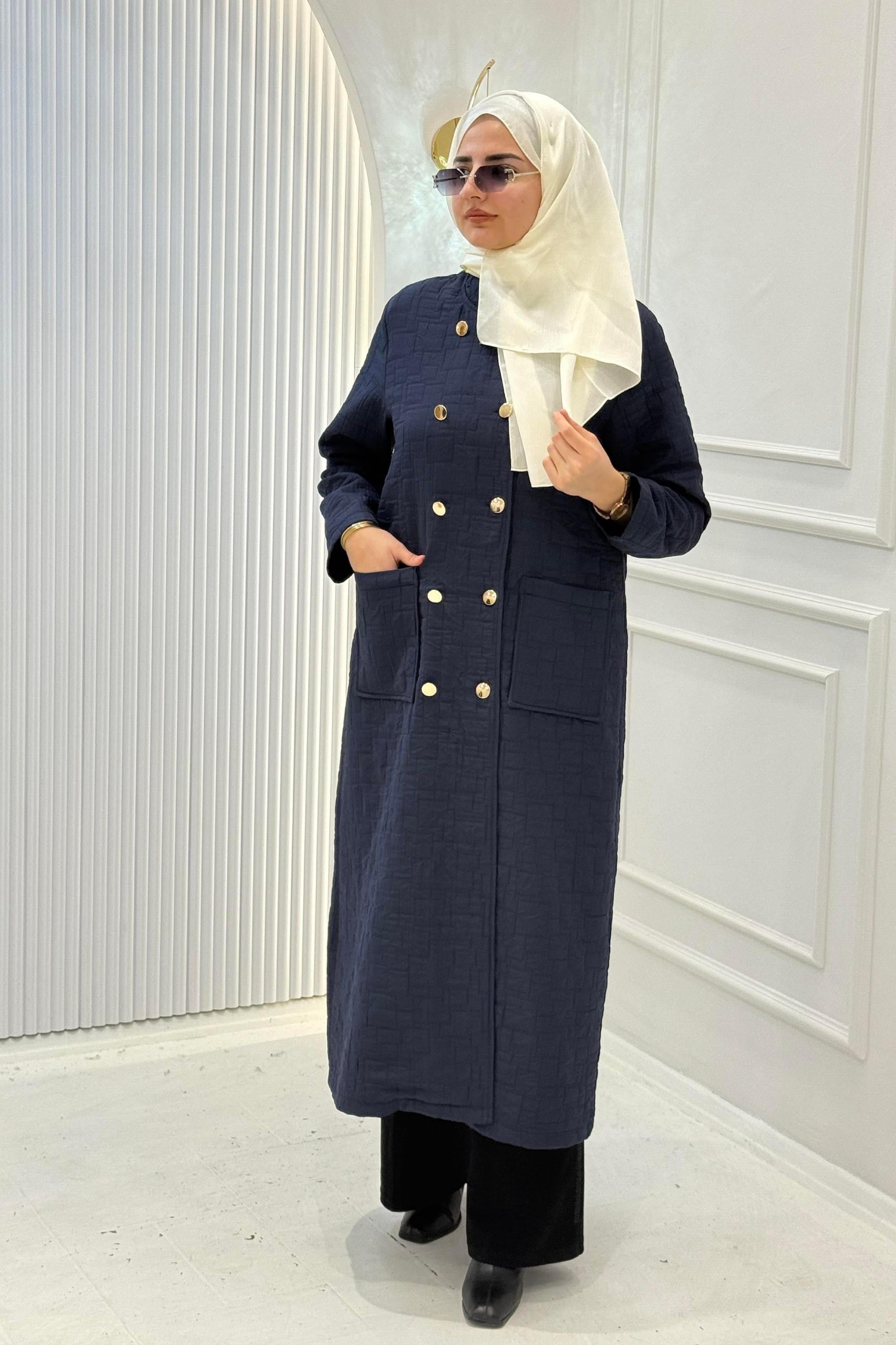 Kruvaze Yaka Kapitone Büyük Beden Kap Lacivert OTW5191