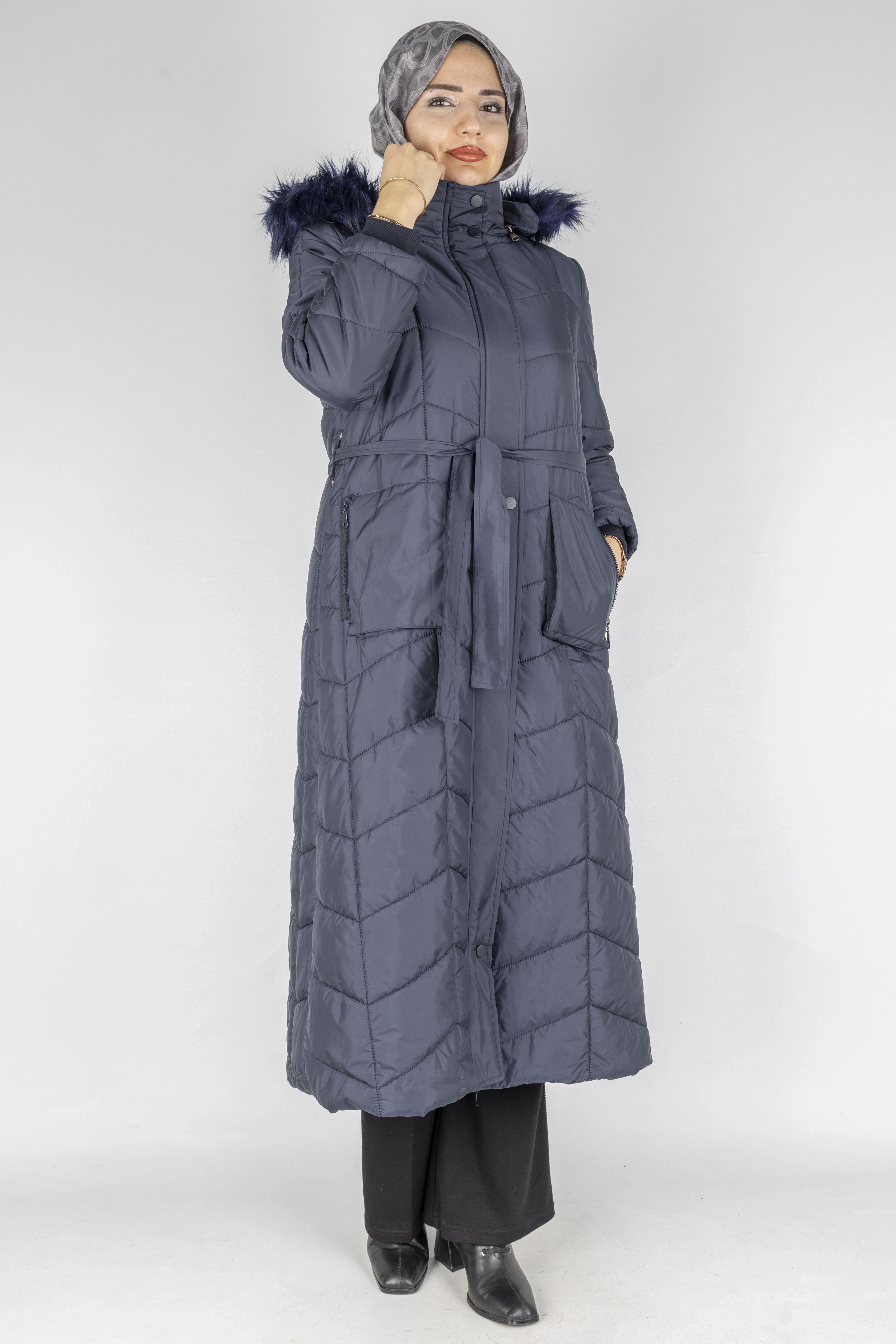 Kürklü Kapüşonlu Uzun Şişme Mont Lacivert OTW36313