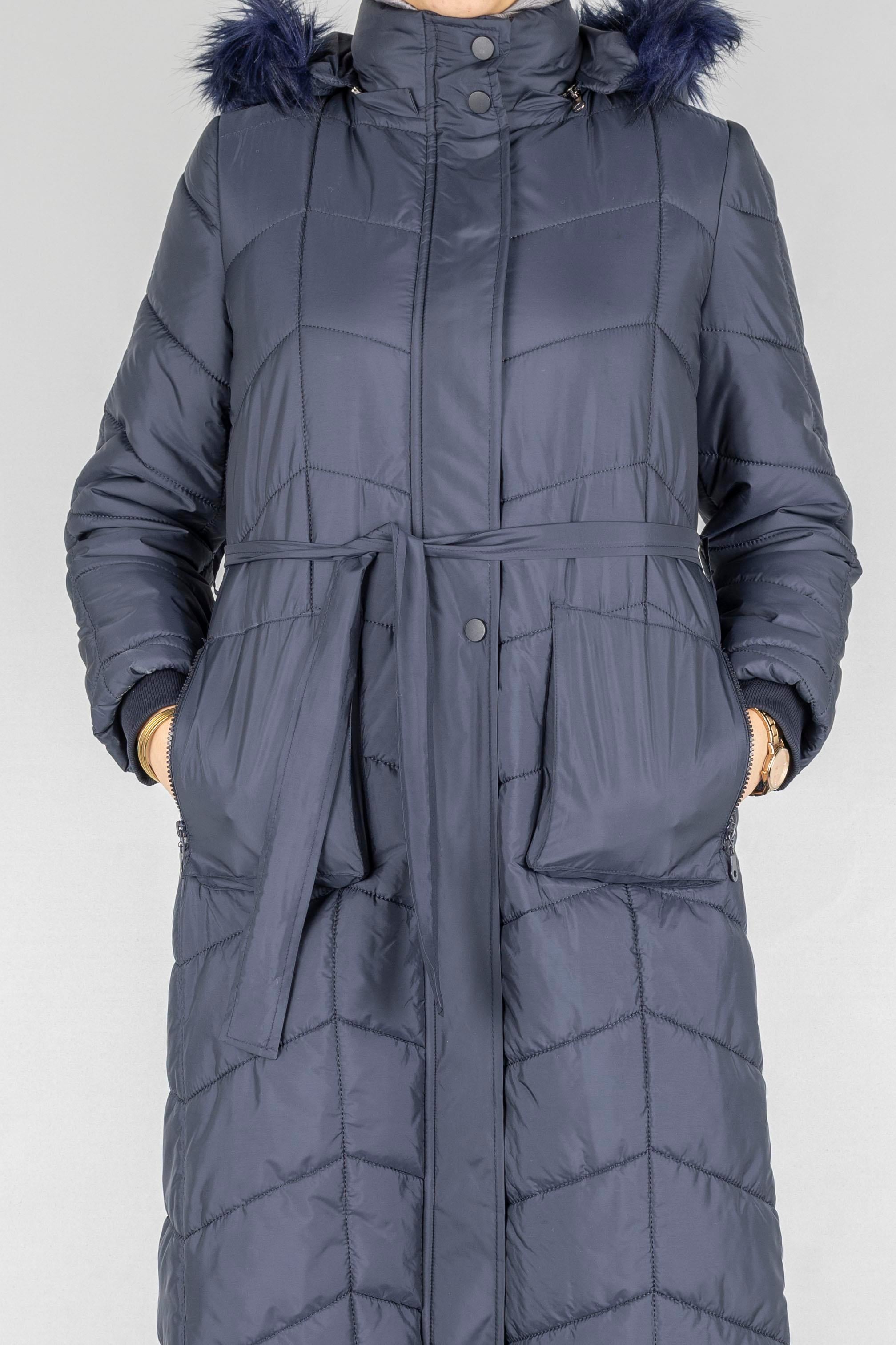 Kürklü Kapüşonlu Uzun Şişme Mont Lacivert OTW36313