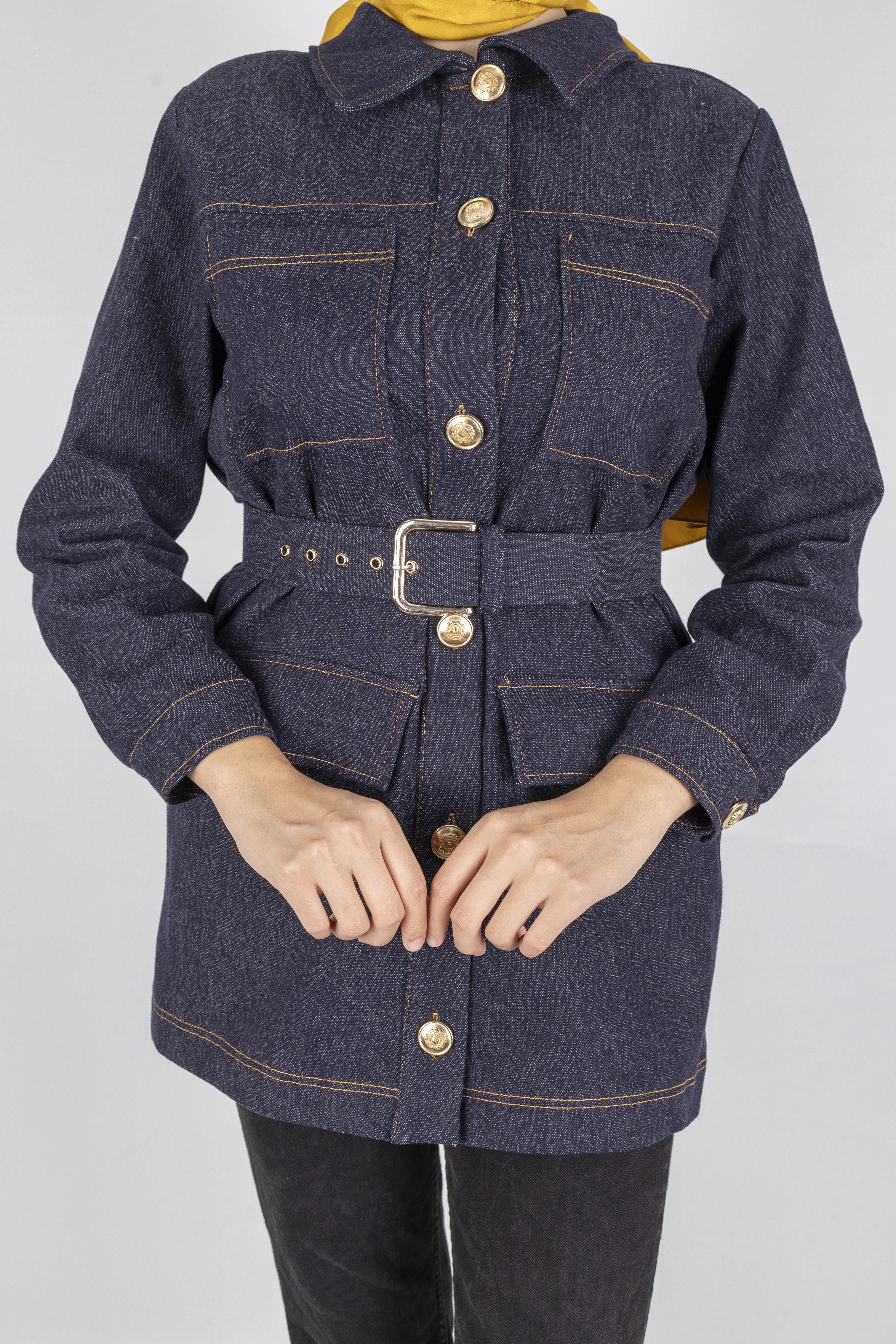 Kuşaklı Cepli Denim Ceket Mavi OTW9263