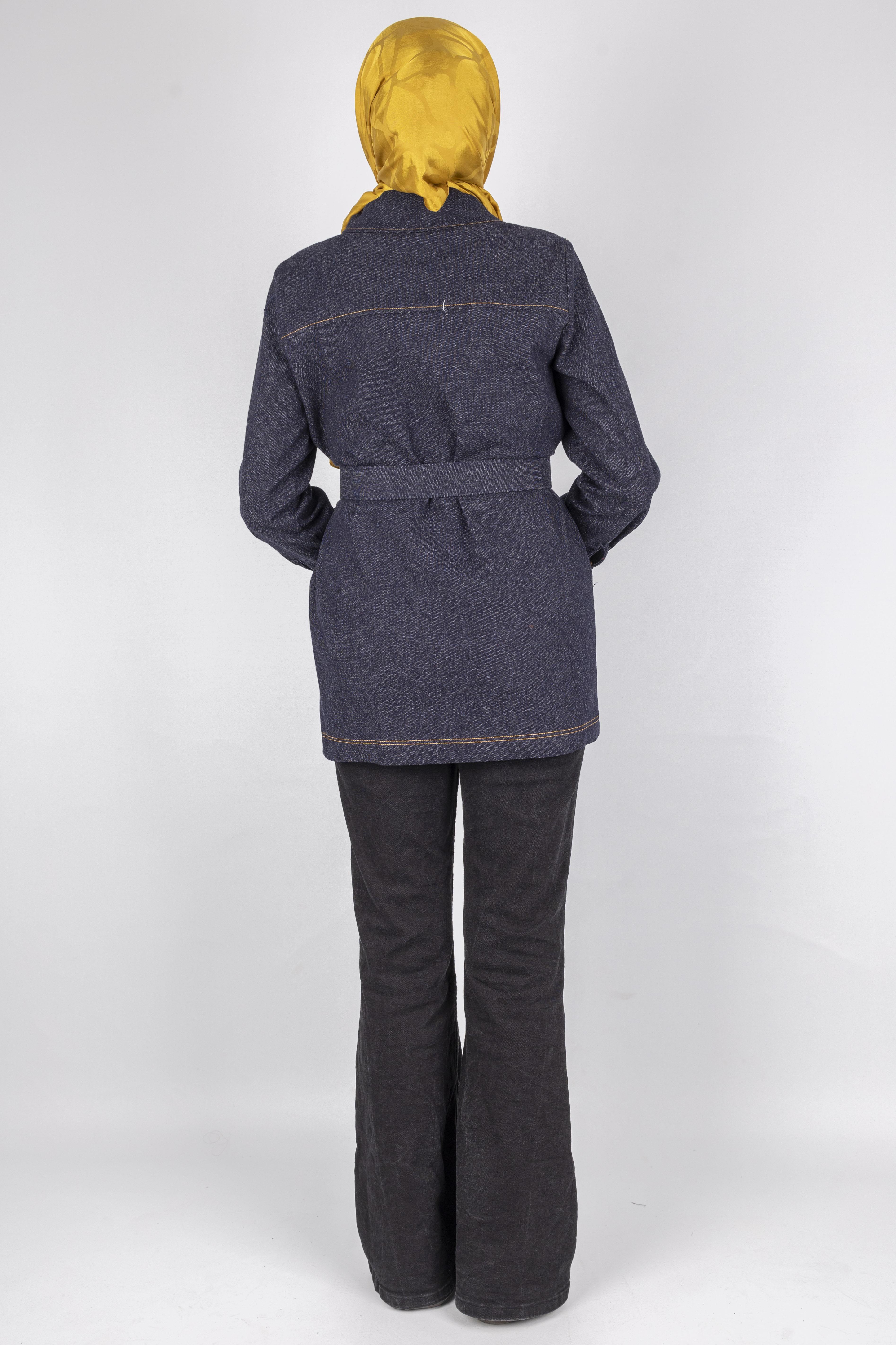 Kuşaklı Cepli Denim Ceket Mavi OTW9263