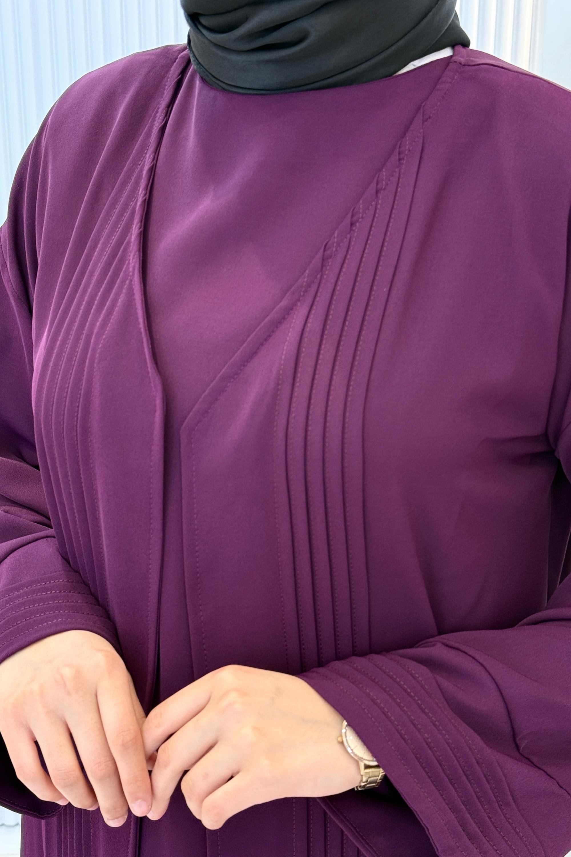 Kuşaklı Tesettür Abaya Takım Mor OTW8628