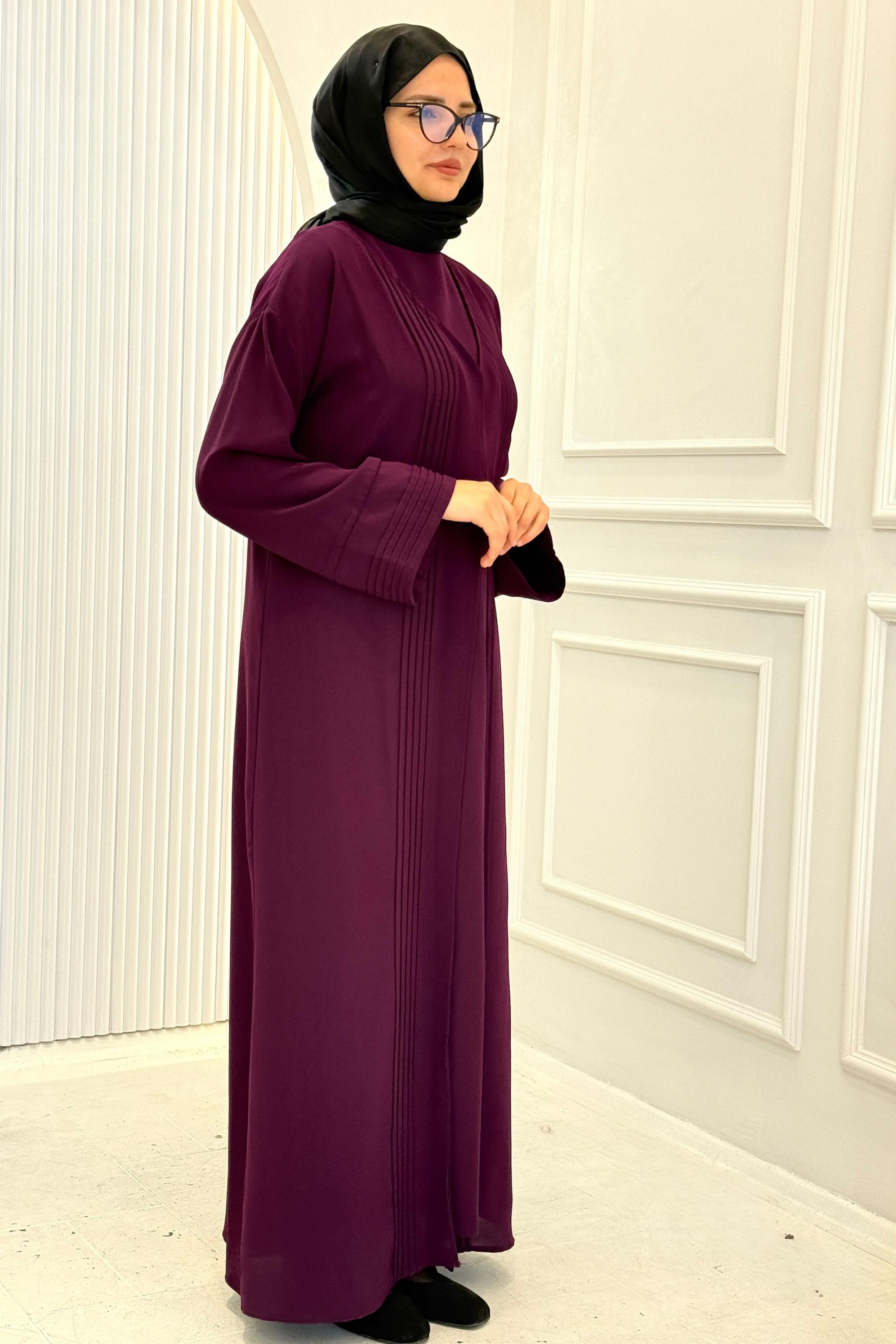 Kuşaklı Tesettür Abaya Takım Mor OTW8628