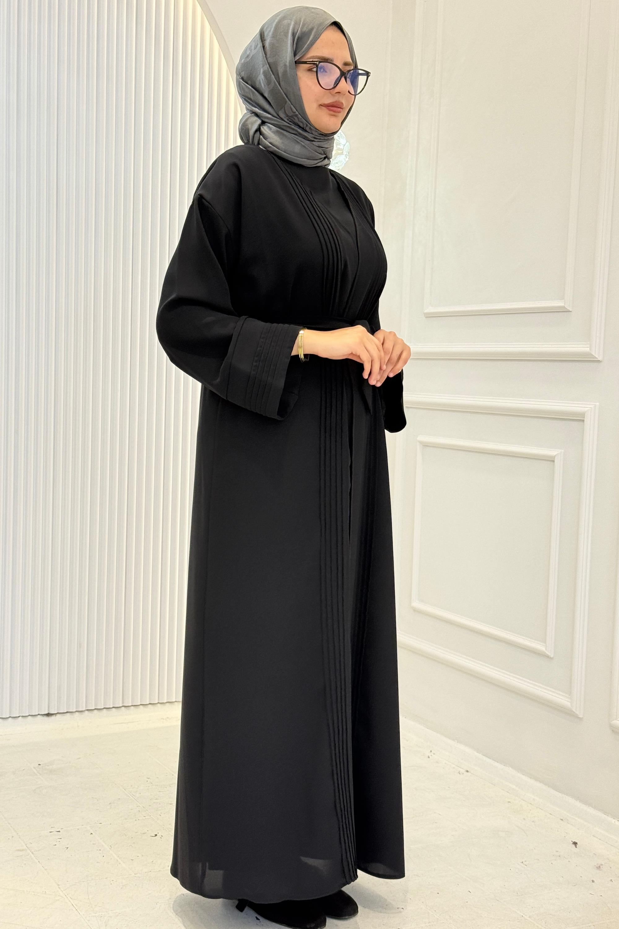 Kuşaklı Tesettür Abaya Takım Siyah OTW8628