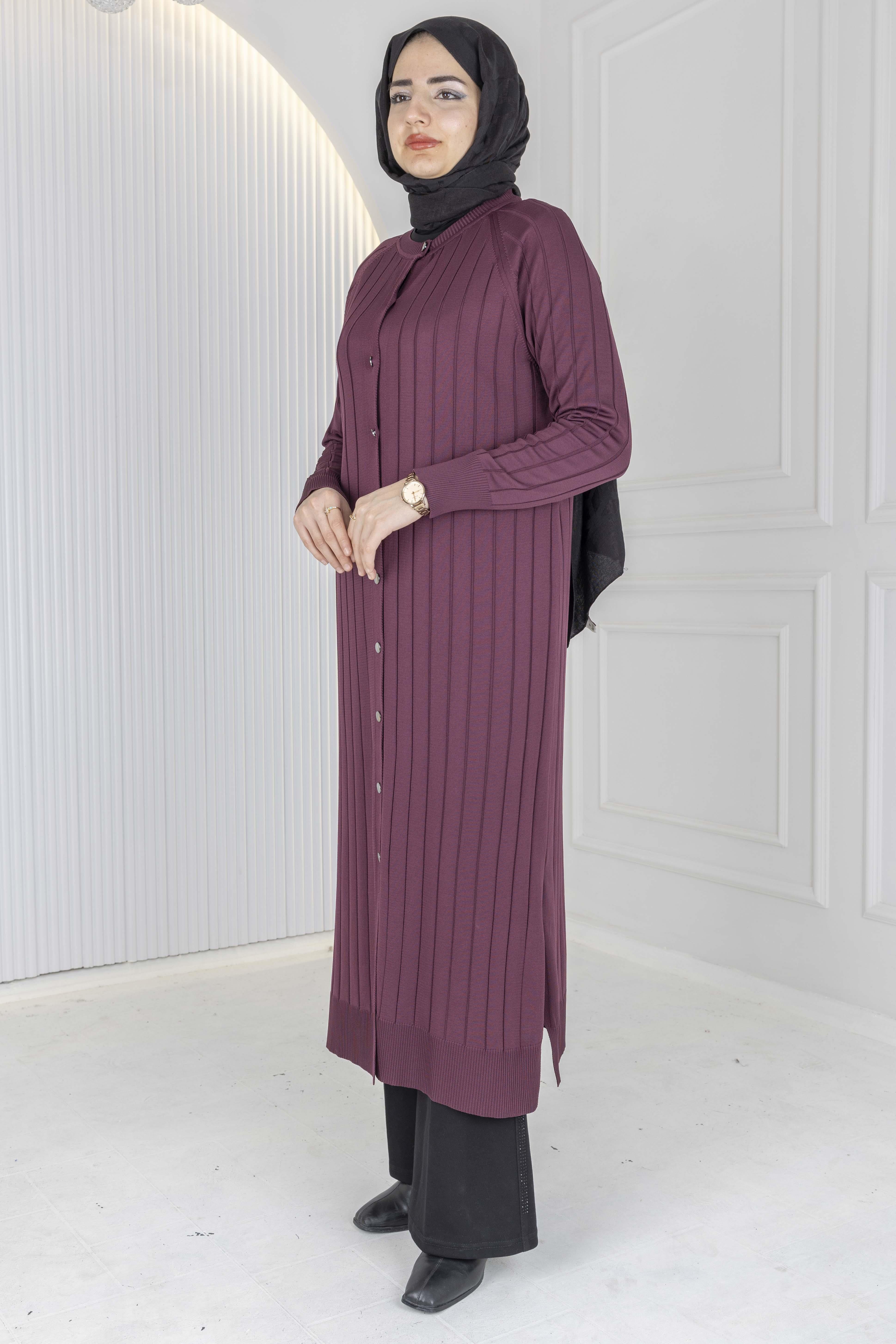 Merserize Fitilli Uzun Hırka Mürdüm OTW1036