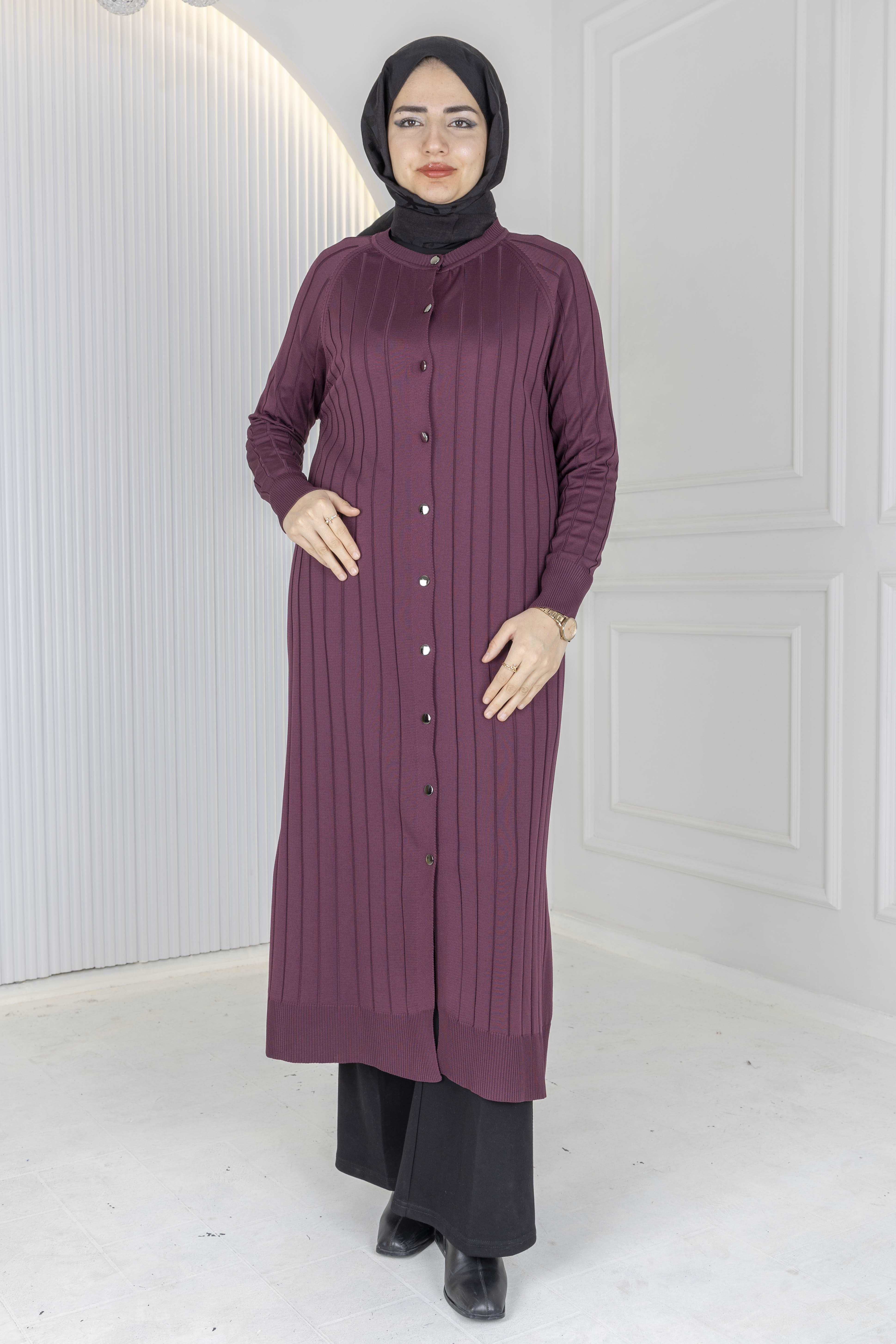 Merserize Fitilli Uzun Hırka Mürdüm OTW1036