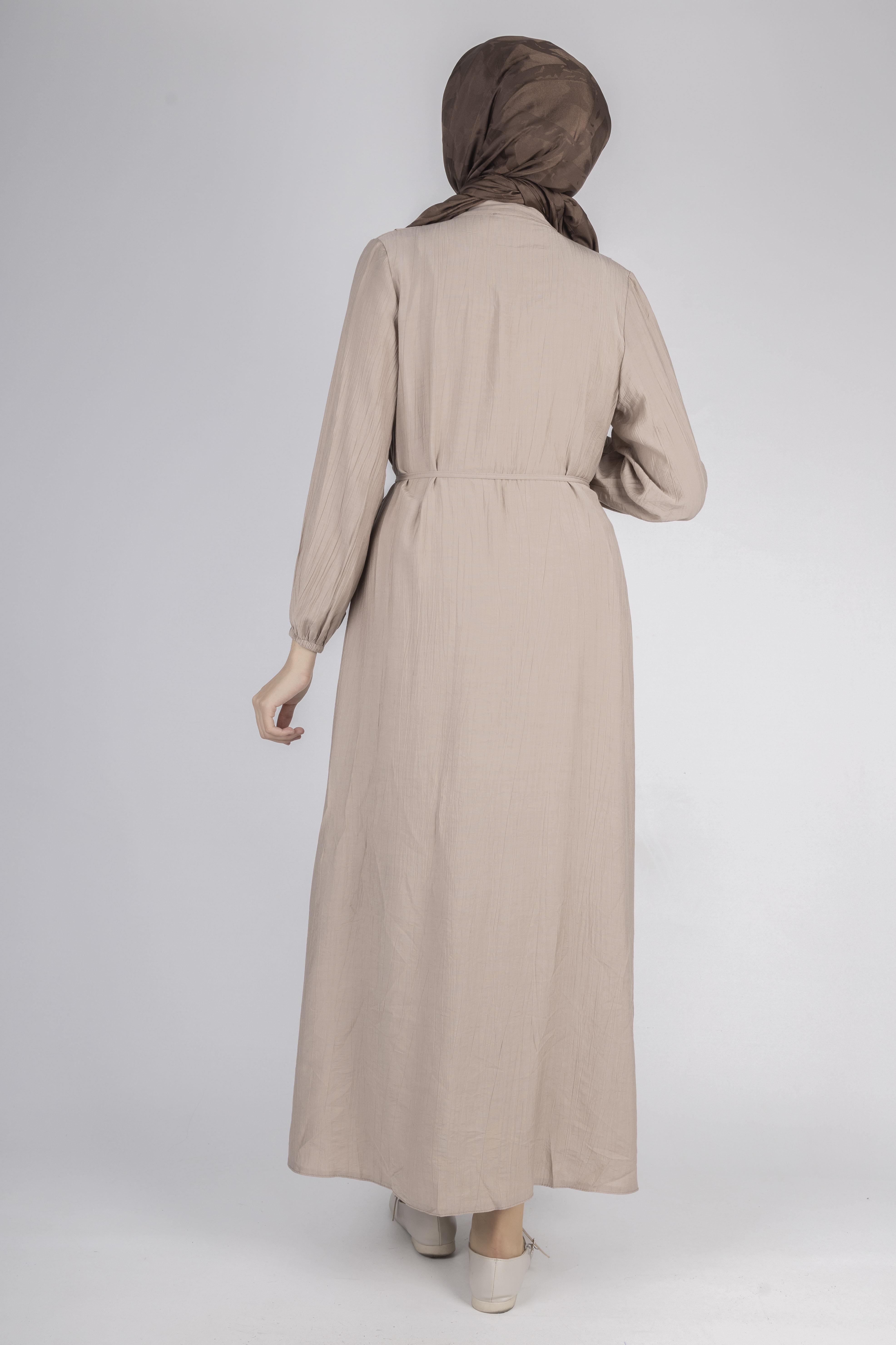 Minimalist Kuşaklı Düğmeli Uzun Elbise Taş OTW5255