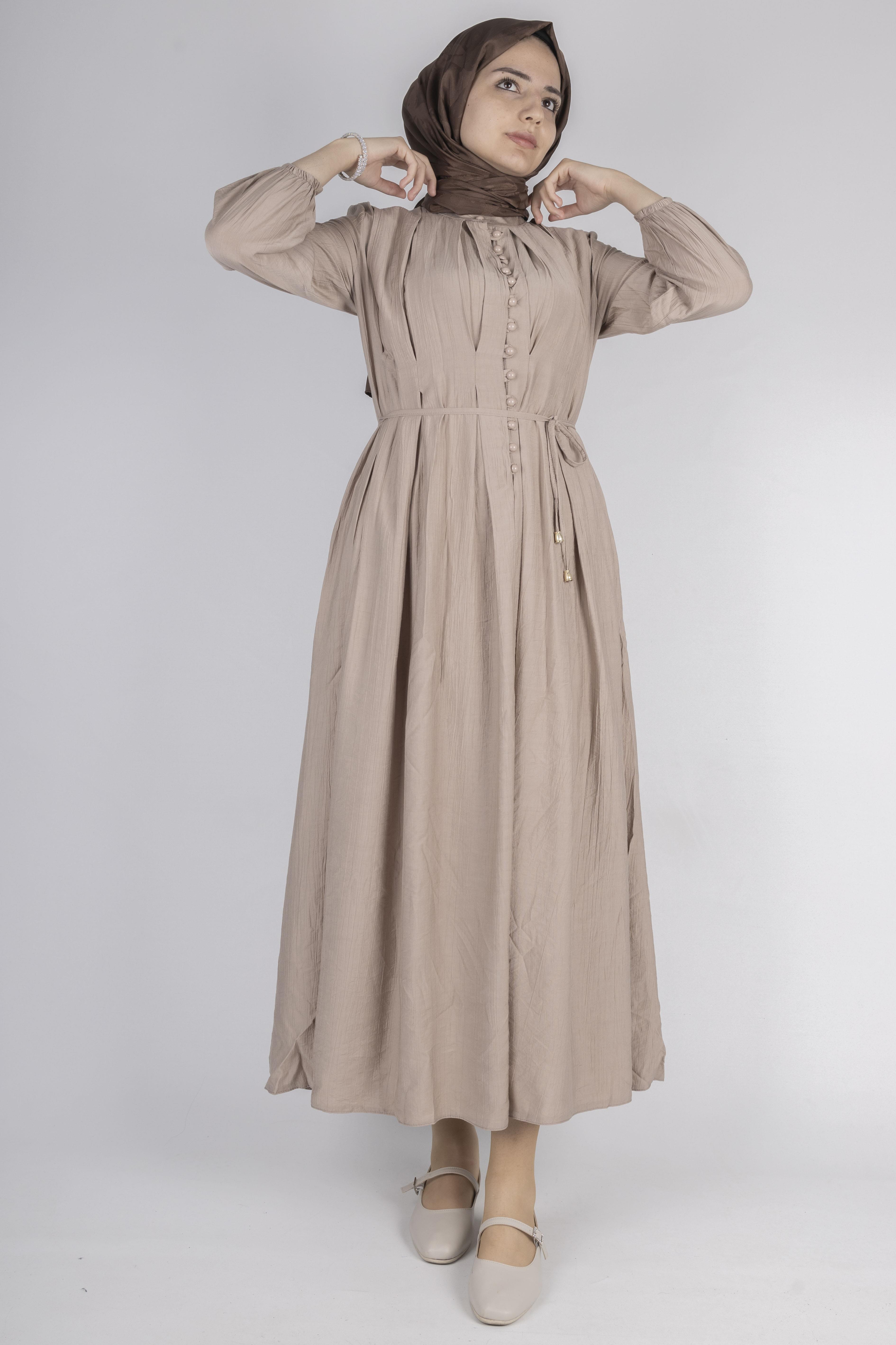 Minimalist Kuşaklı Düğmeli Uzun Elbise Taş OTW5255