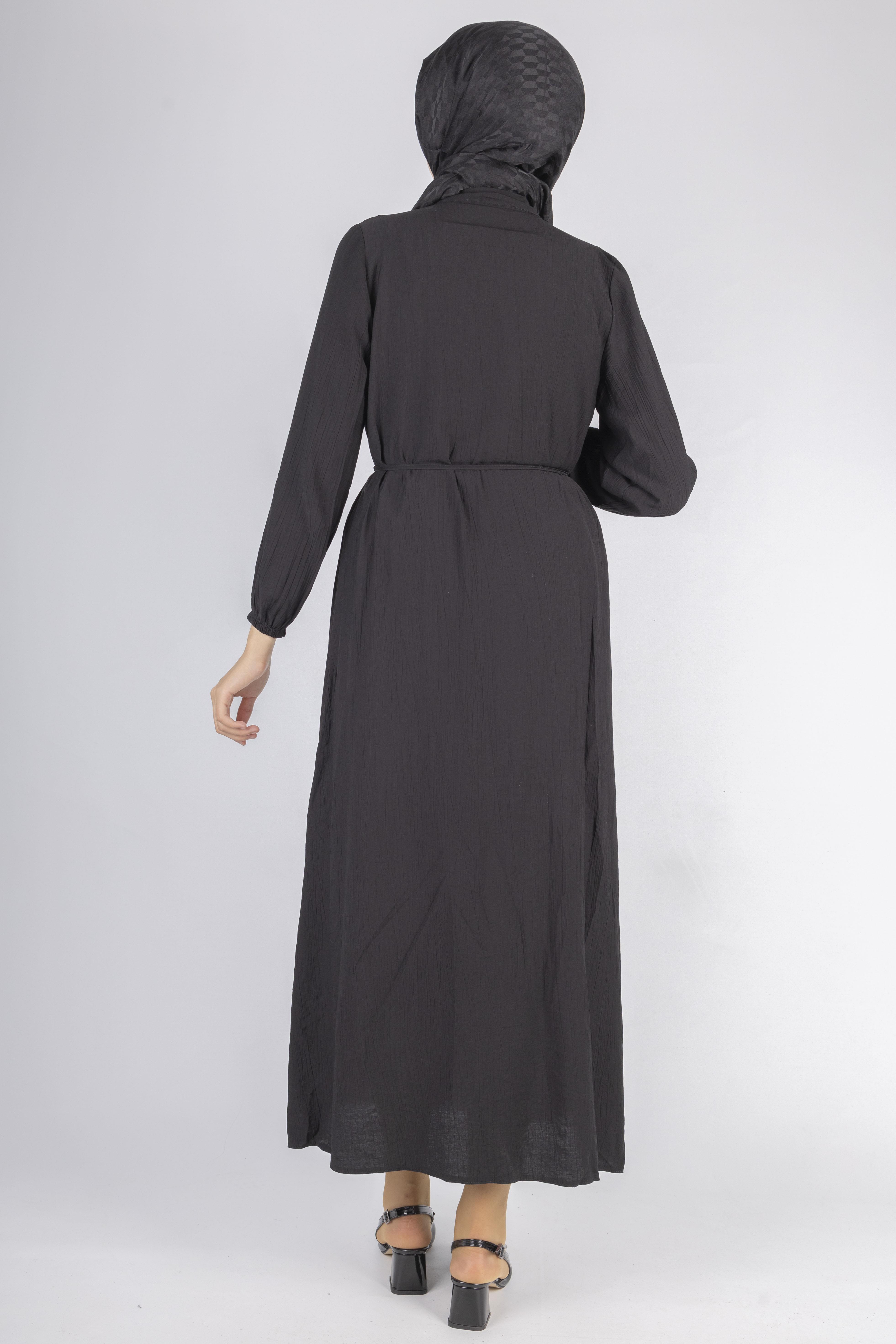 Minimalist Kuşaklı Düğmeli Uzun Elbise Siyah OTW5255