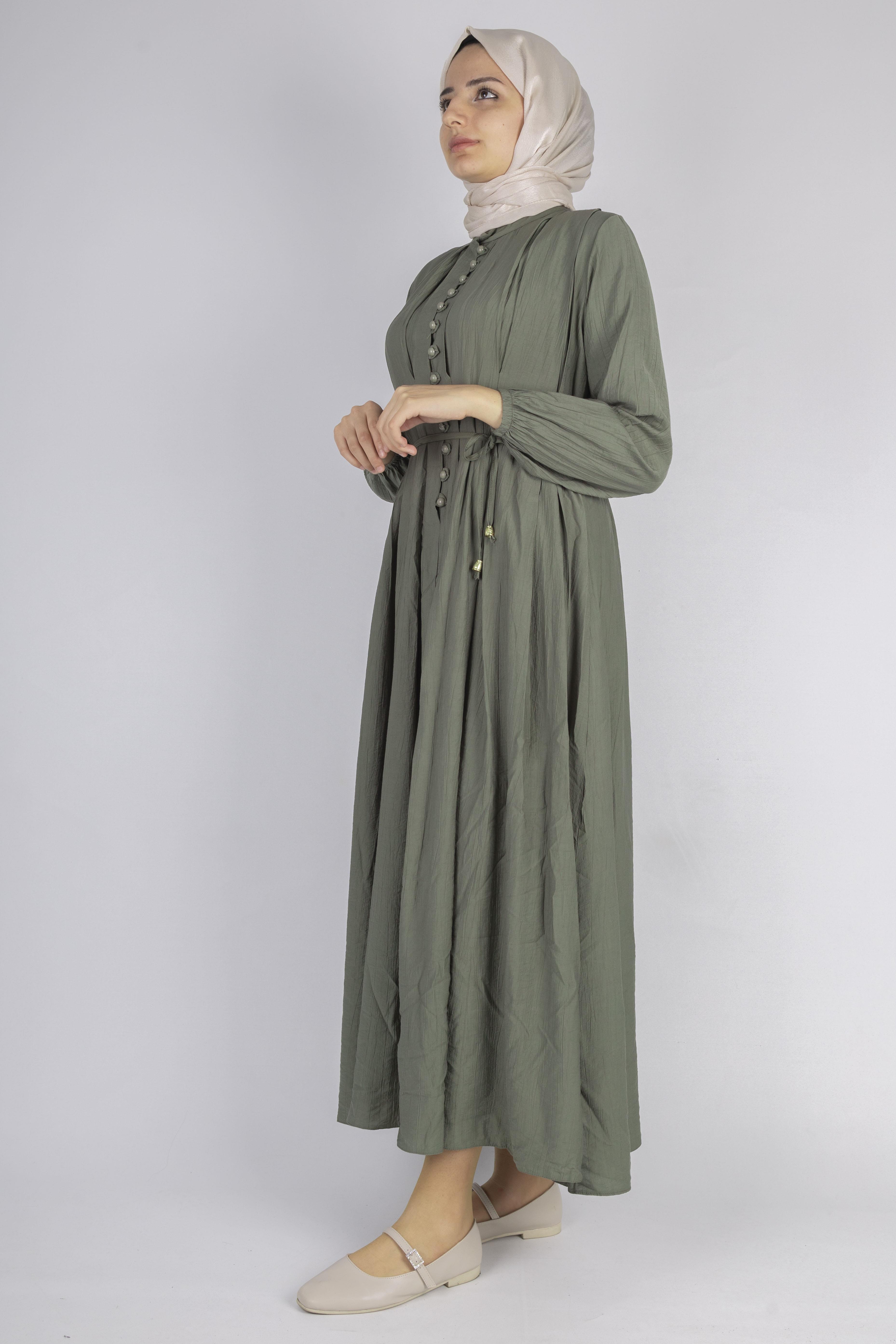 Minimalist Kuşaklı Düğmeli Uzun Elbise Haki OTW5255