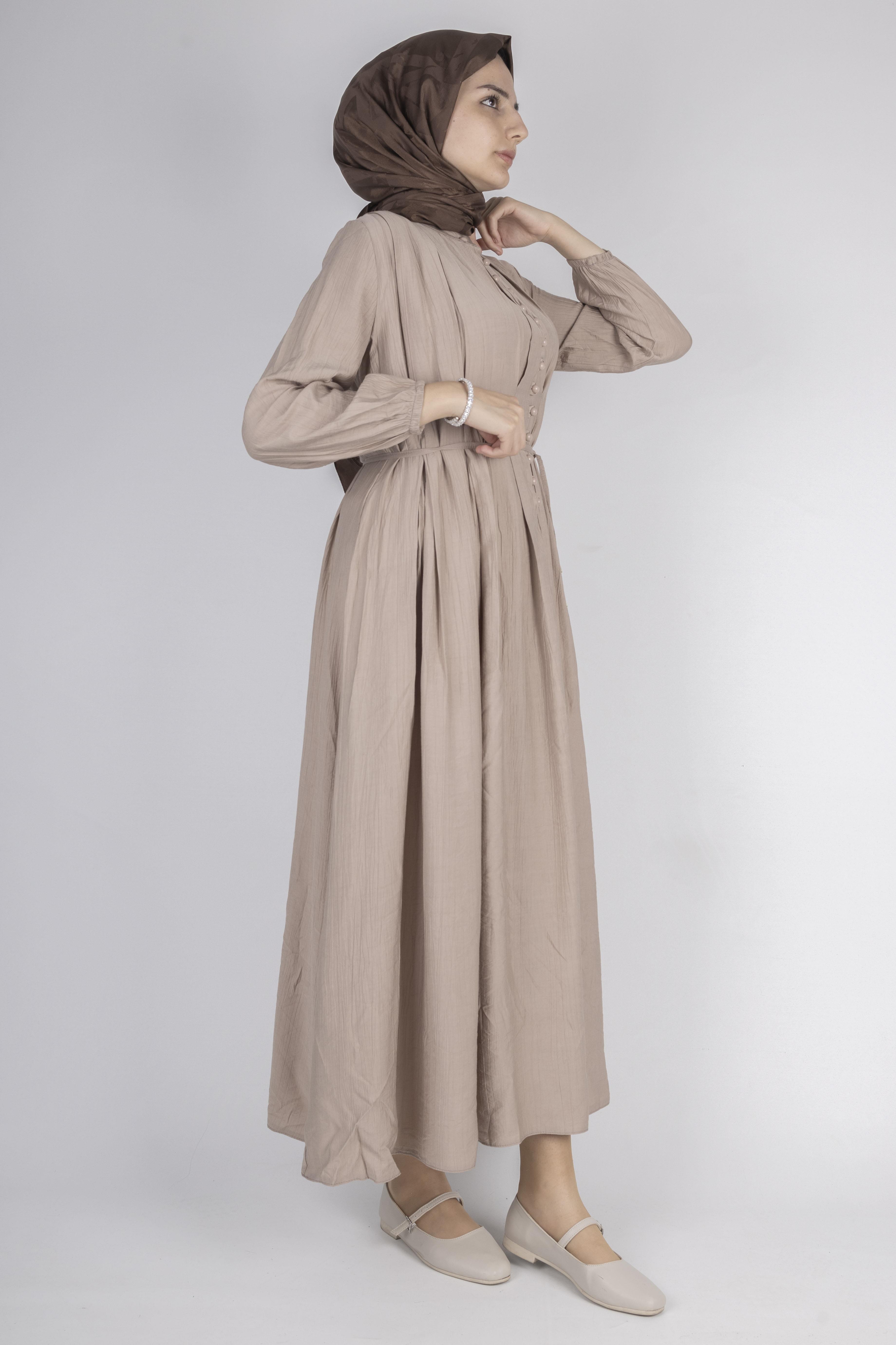 Minimalist Kuşaklı Düğmeli Uzun Elbise Taş OTW5255