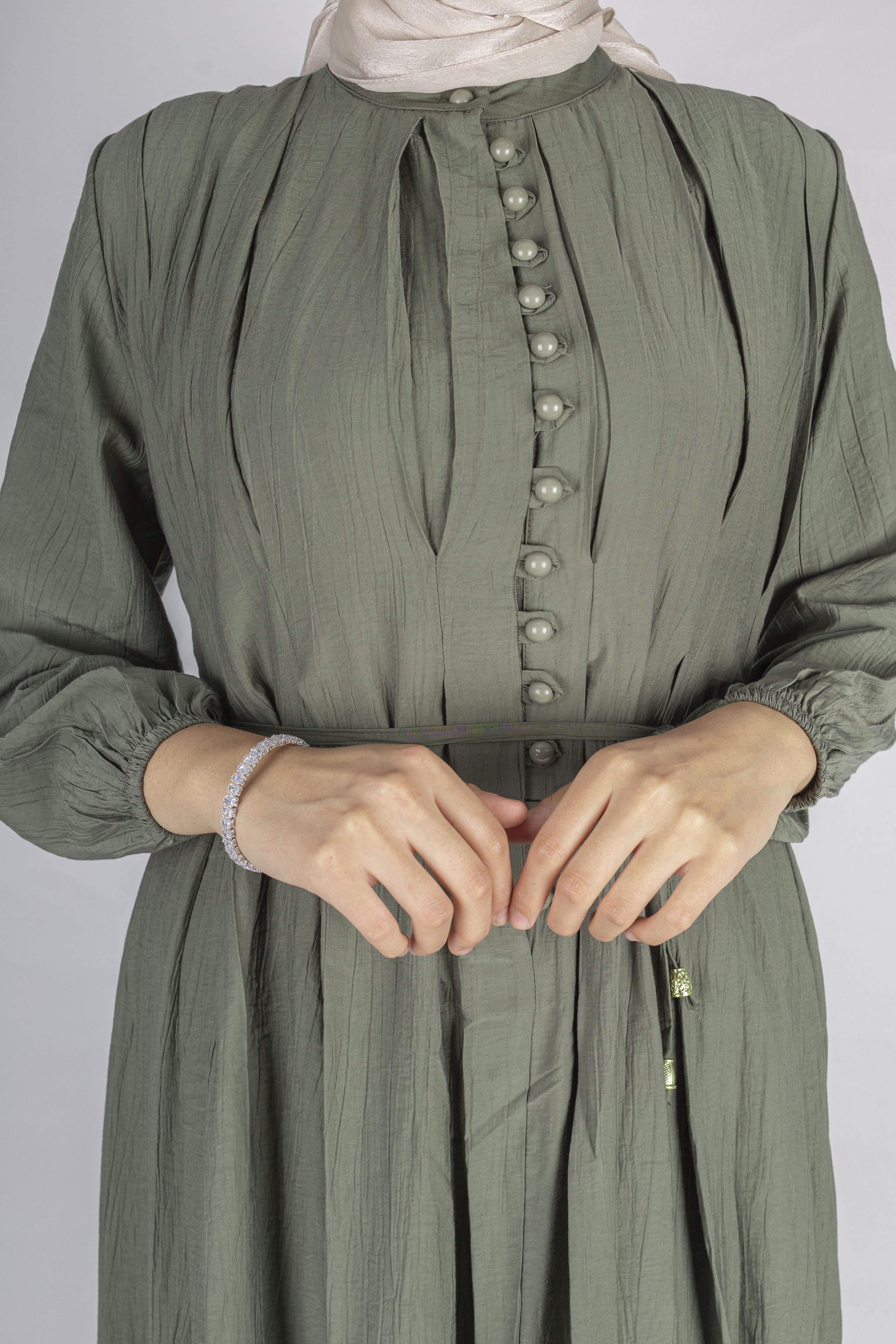 Minimalist Kuşaklı Düğmeli Uzun Elbise Haki OTW5255