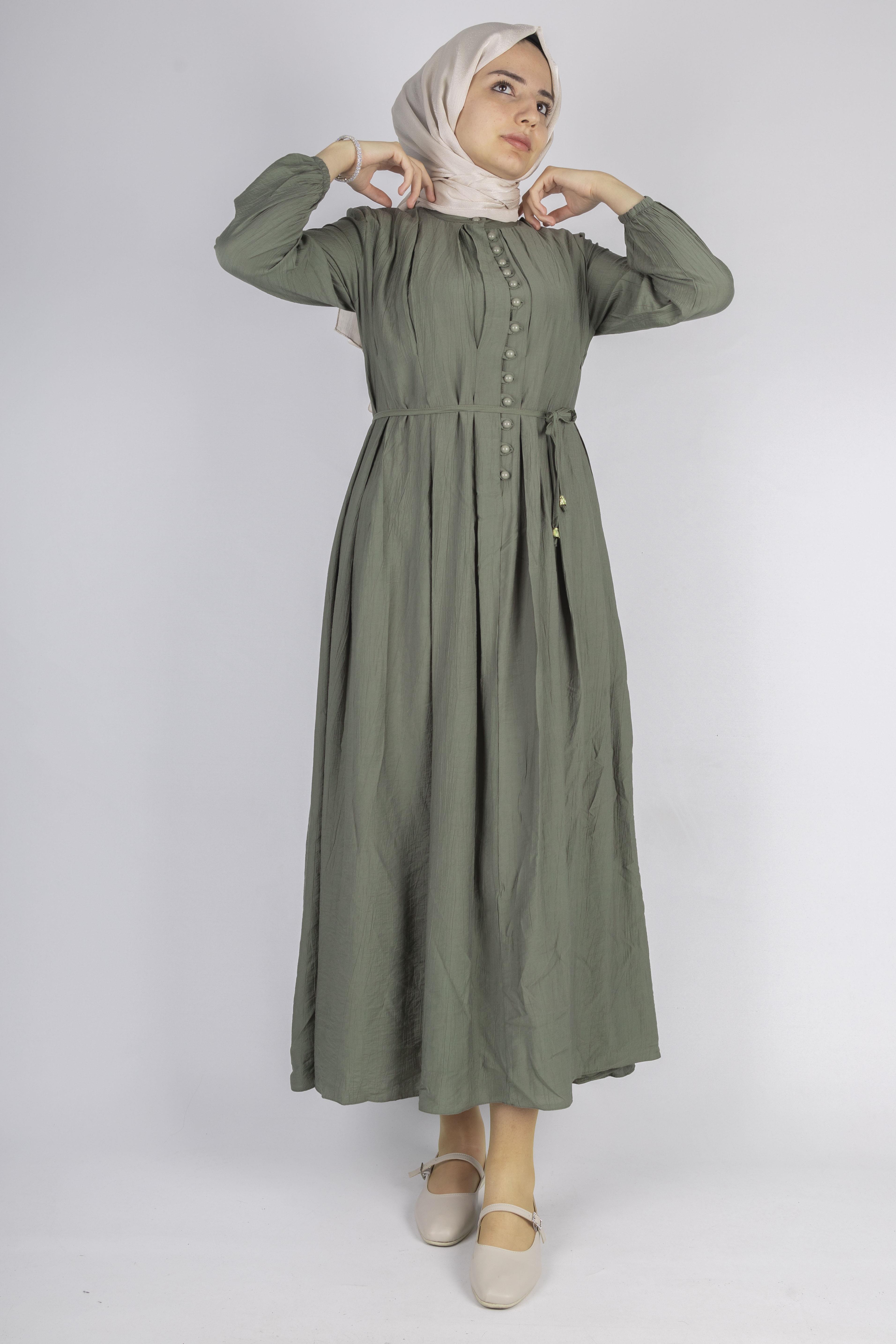 Minimalist Kuşaklı Düğmeli Uzun Elbise Haki OTW5255