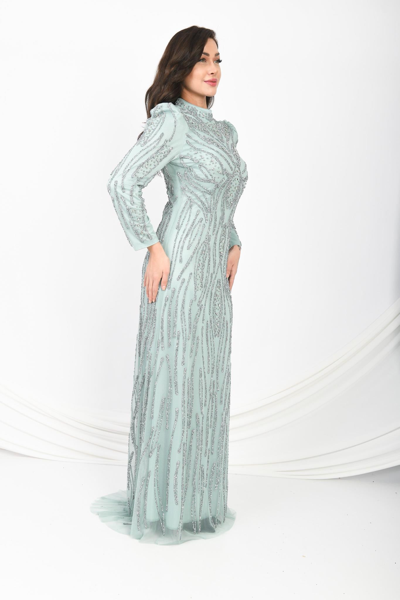 Mint Yeşili Taş İşlemeli Prenses Omuz Abiye Mint OTW3140