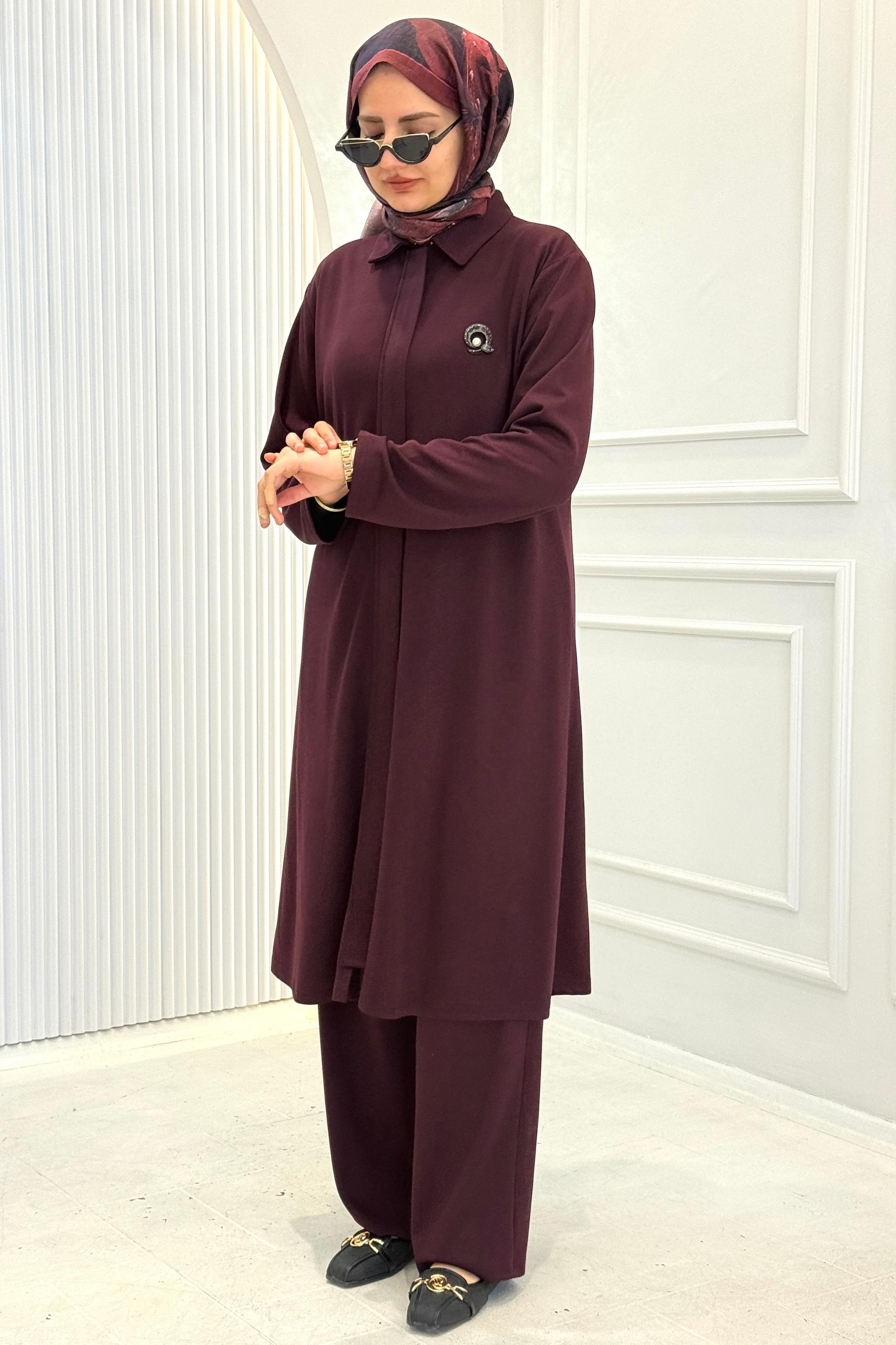 Modern Broş Detaylı Büyük Beden Pantolonlu Takım Bordo OTW343