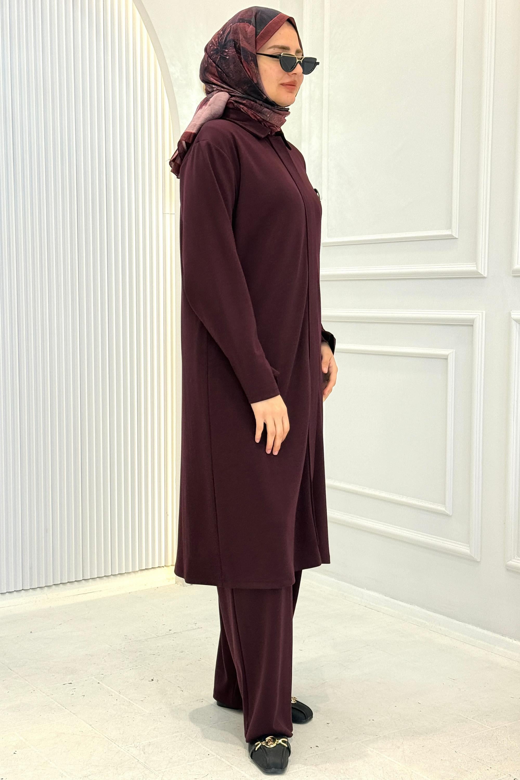 Modern Broş Detaylı Büyük Beden Pantolonlu Takım Bordo OTW343