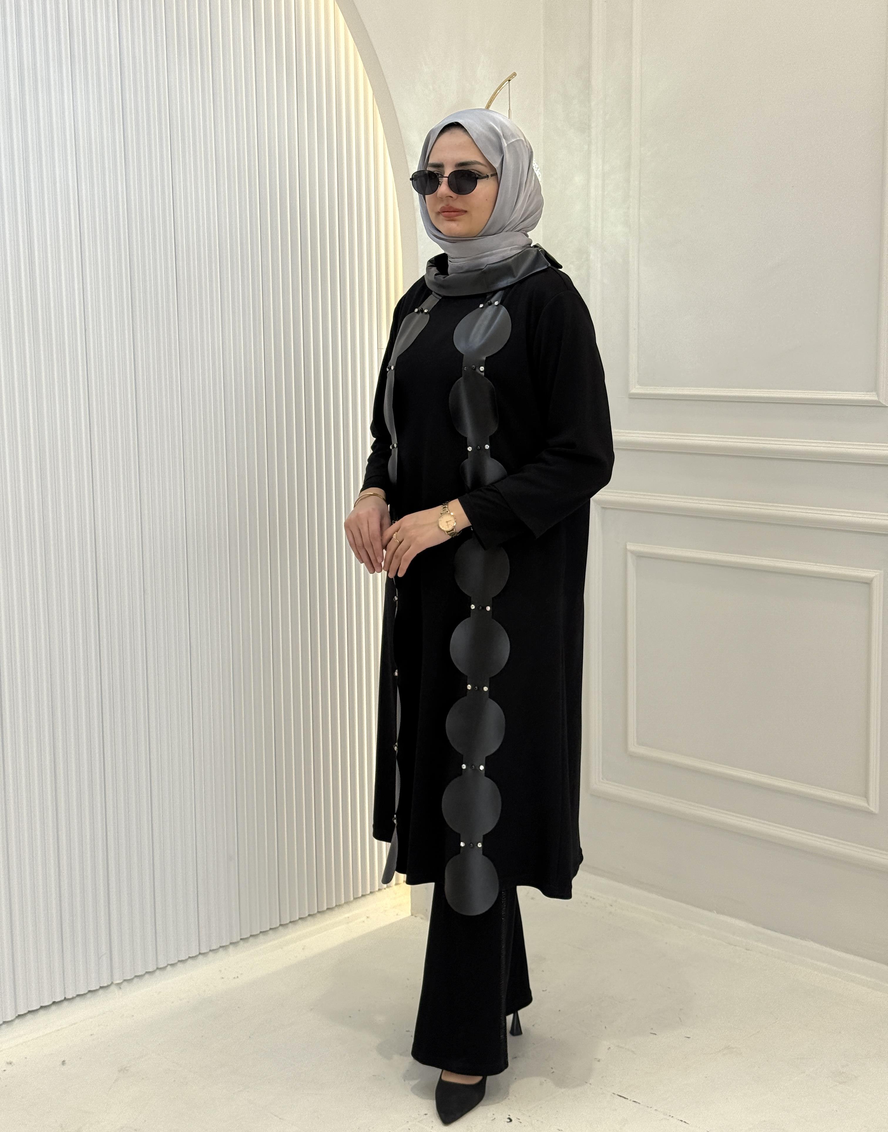 Modern Daire Detaylı Büyük Beden Tunik Siyah OTW5546