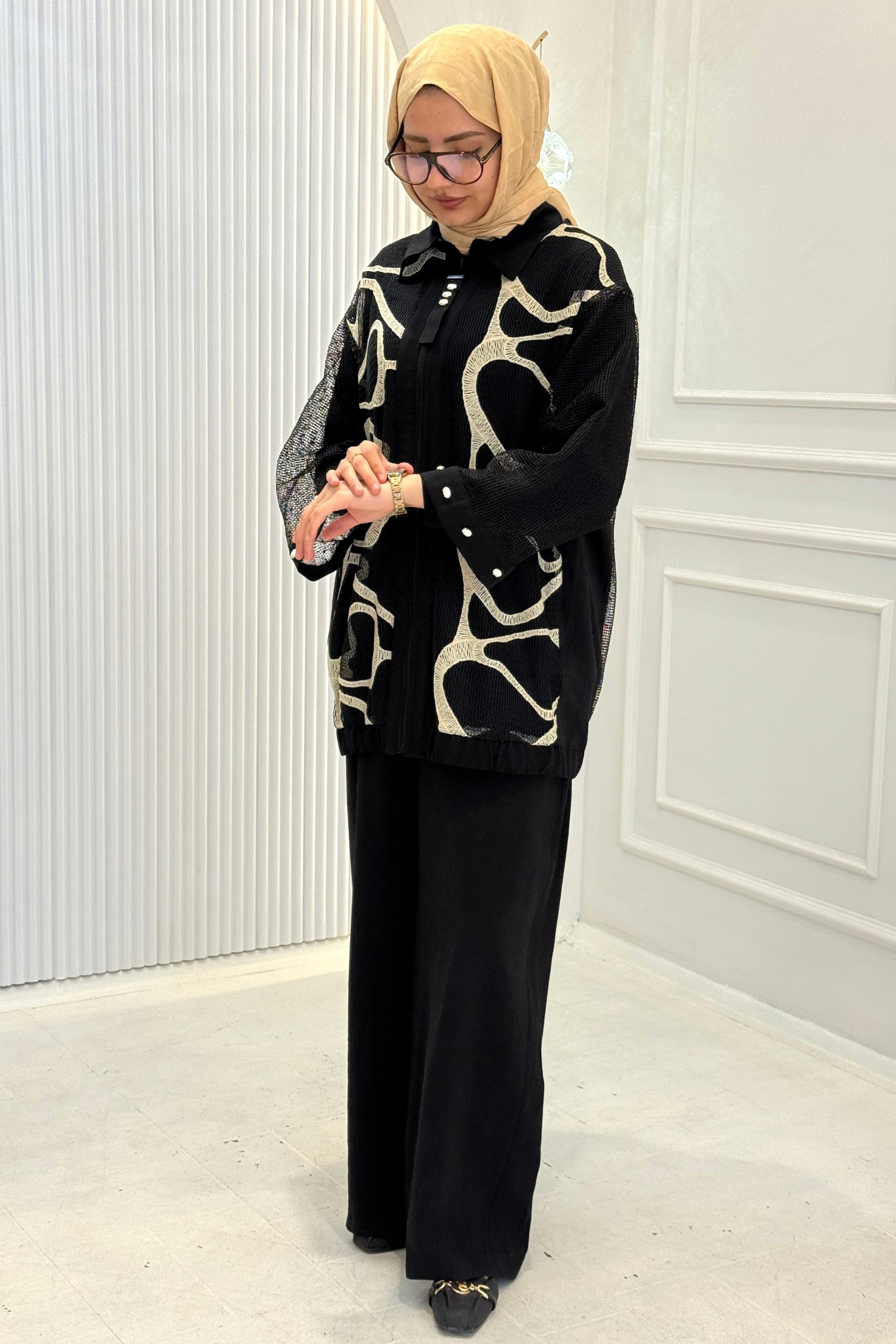 Modern Desenli Ceketli Üçlü Tesettür Takım Siyah OTW46820