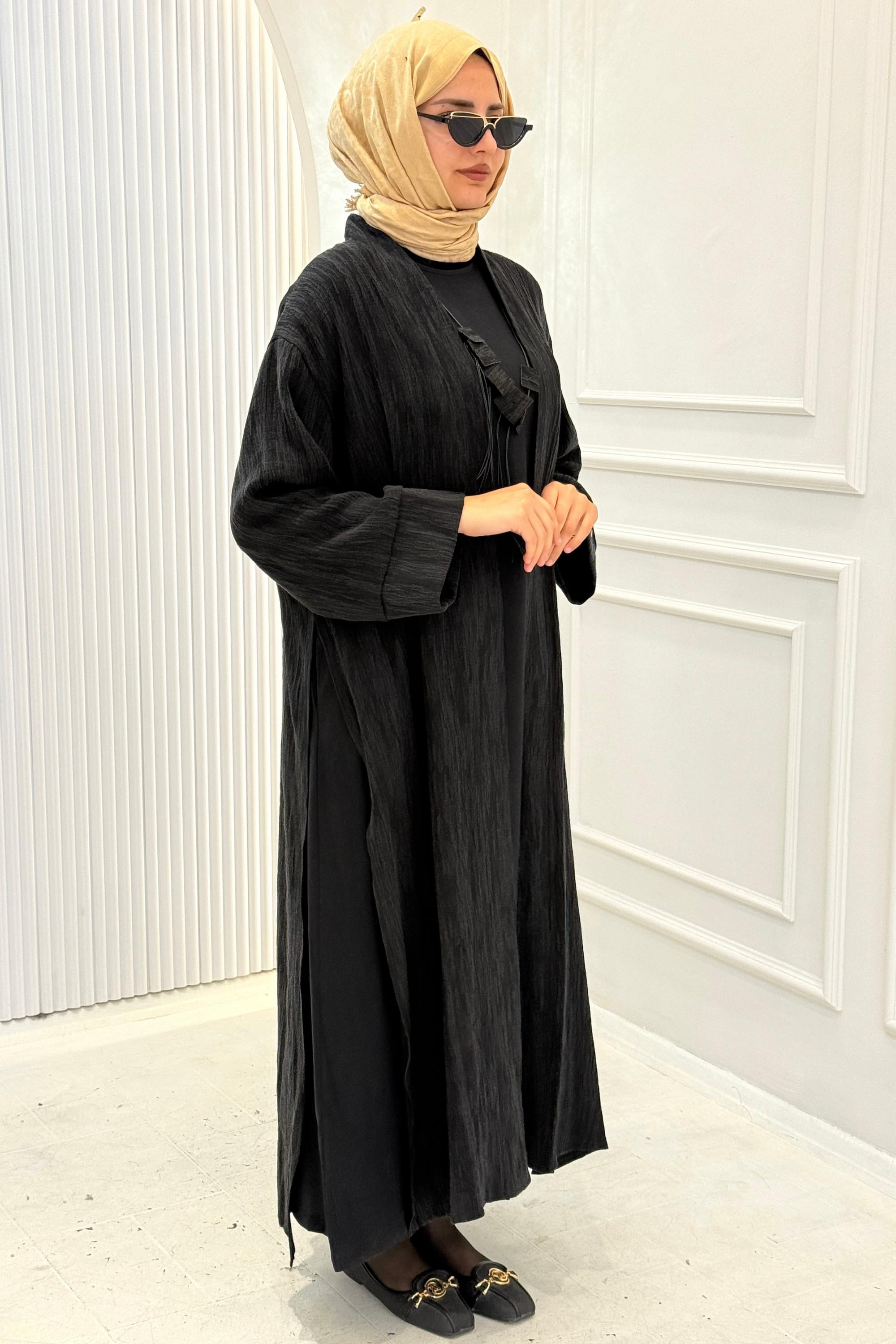 Modern Dokulu Uzun Tesettür Abaya Takım Siyah OTW628