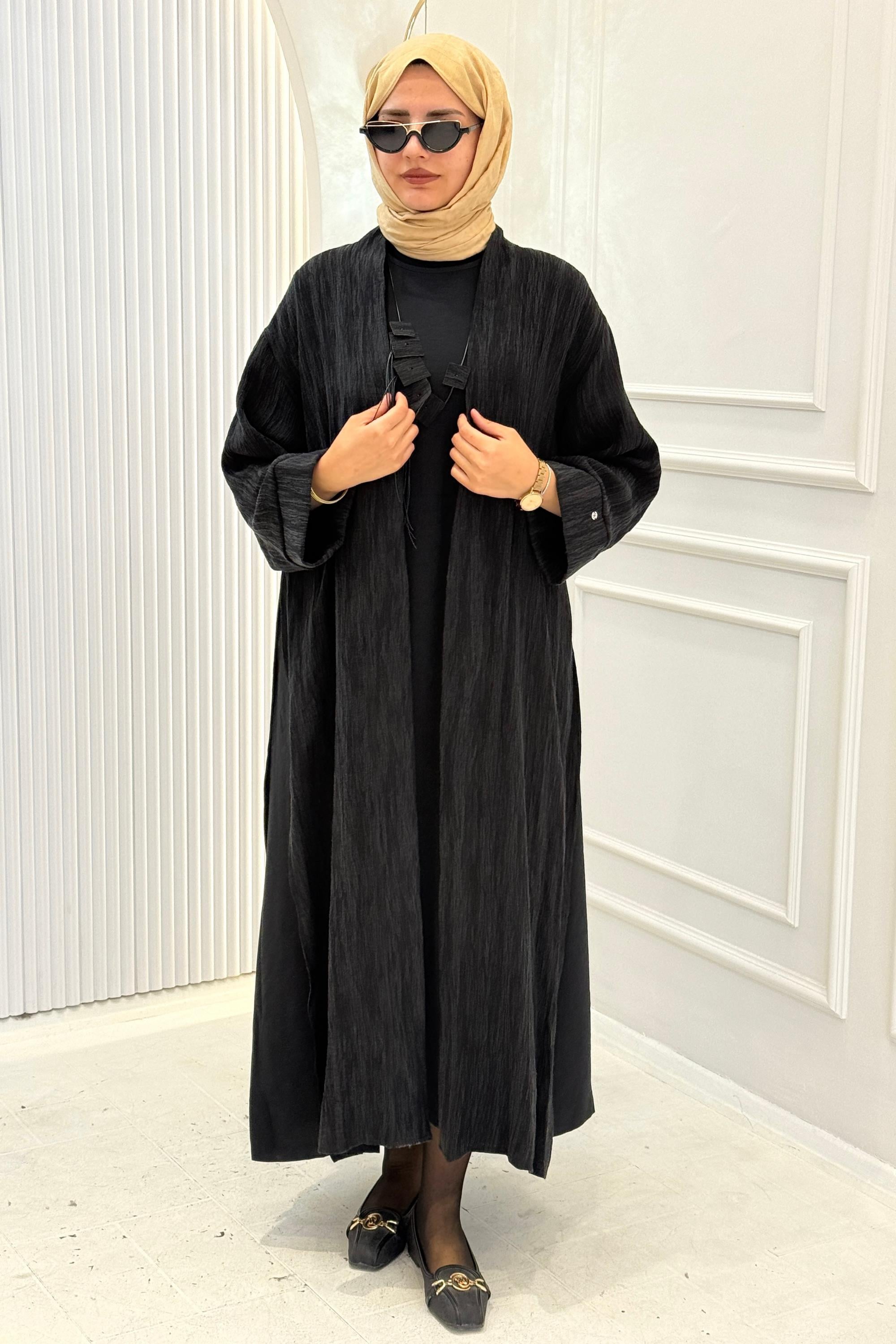 Modern Dokulu Uzun Tesettür Abaya Takım Siyah OTW628