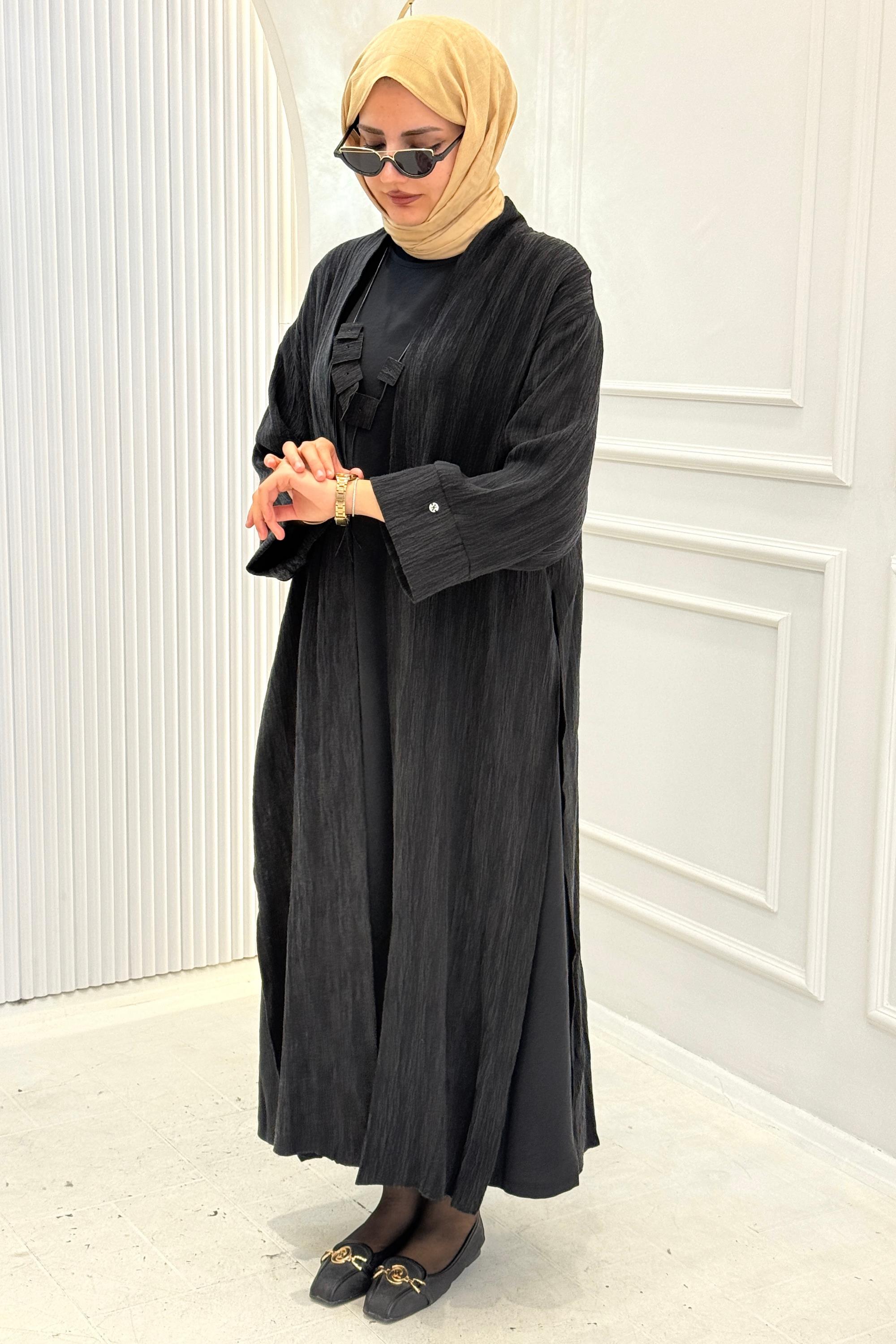 Modern Dokulu Uzun Tesettür Abaya Takım Siyah OTW628