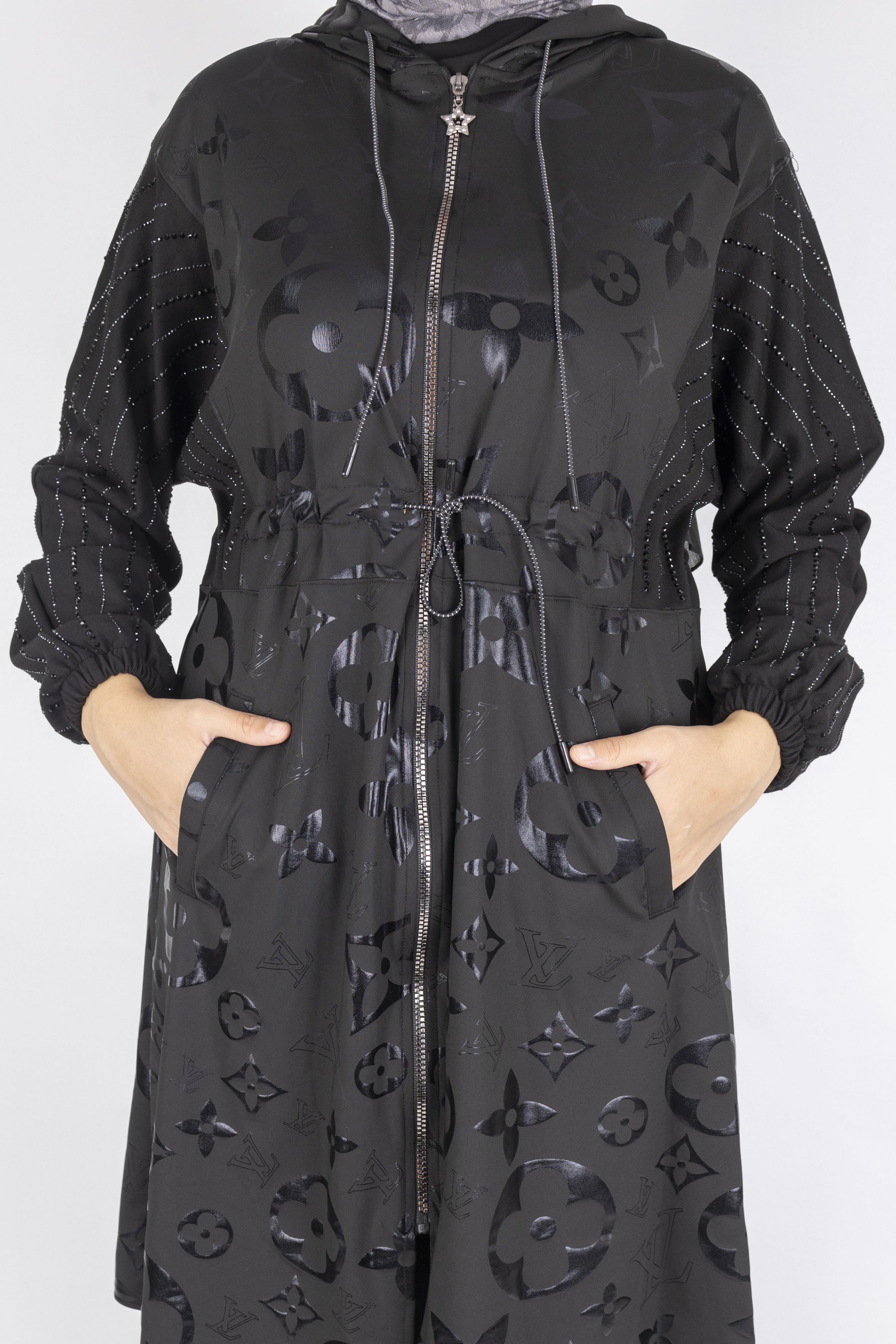 Monogram Çiçek Jakarlı Büzgü Bel Fermuarlı Kap Siyah OTW1002