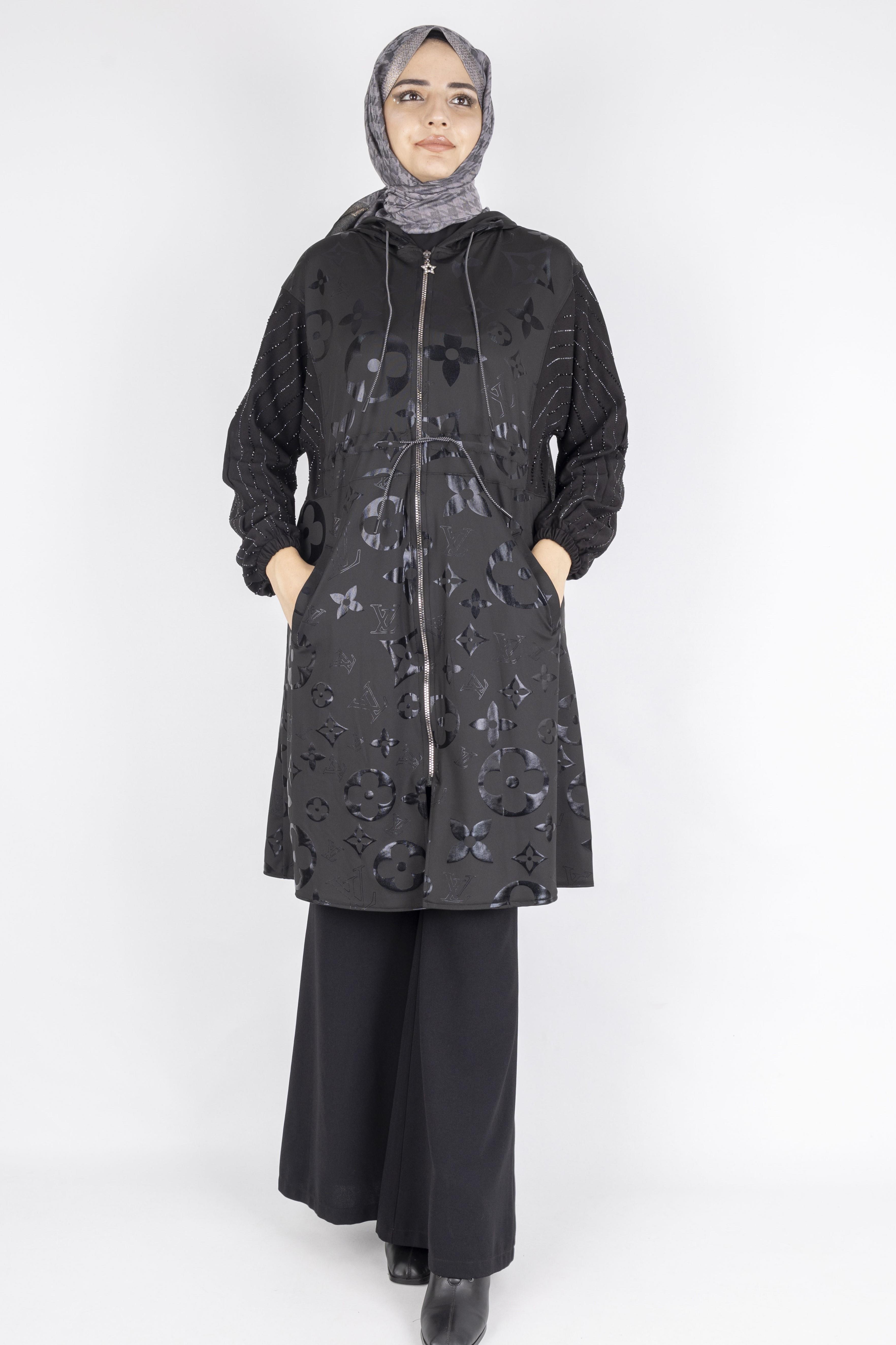 Monogram Çiçek Jakarlı Büzgü Bel Fermuarlı Kap Siyah OTW1002