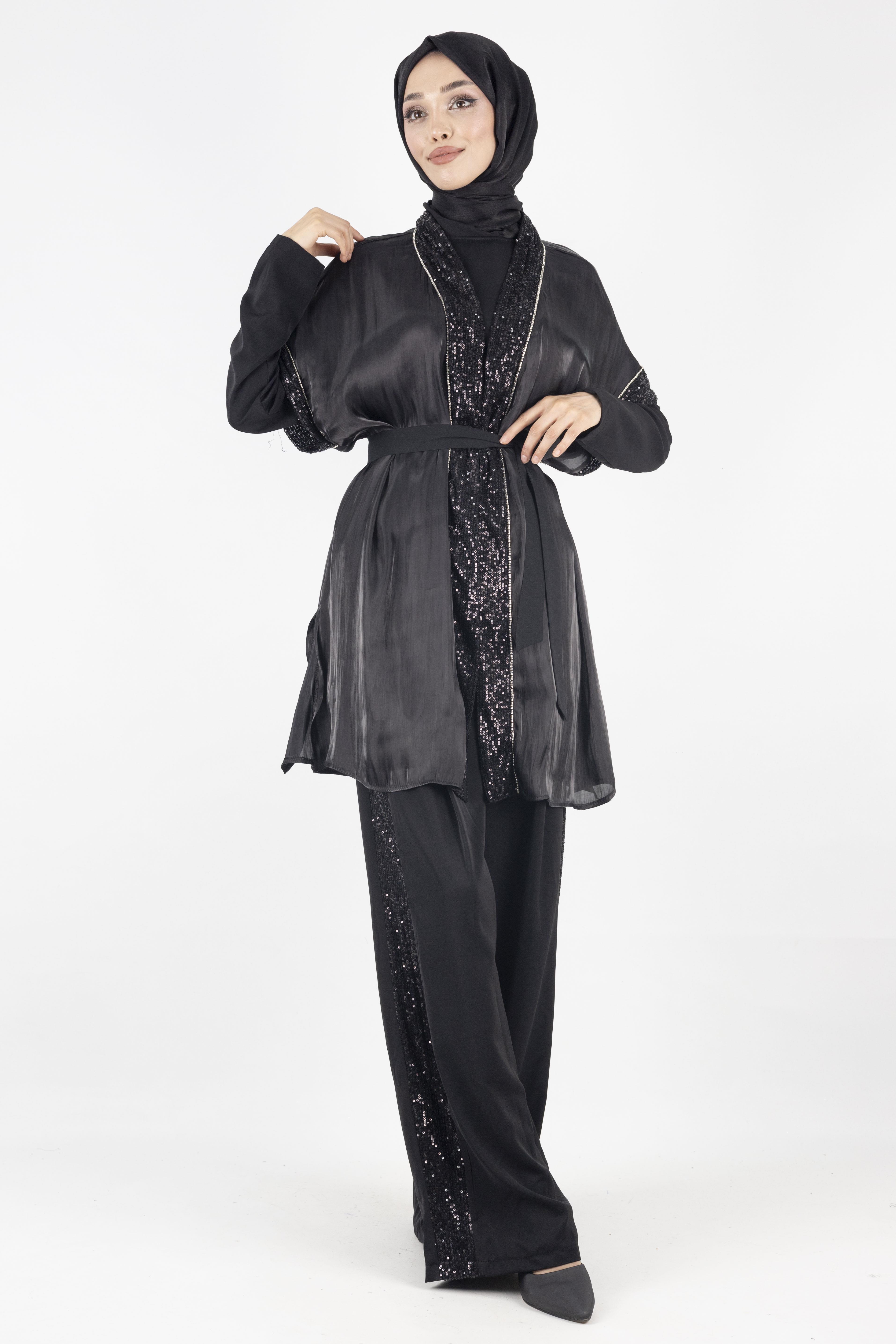 Organze Yelekli Üçlü Takım Siyah OTW8422