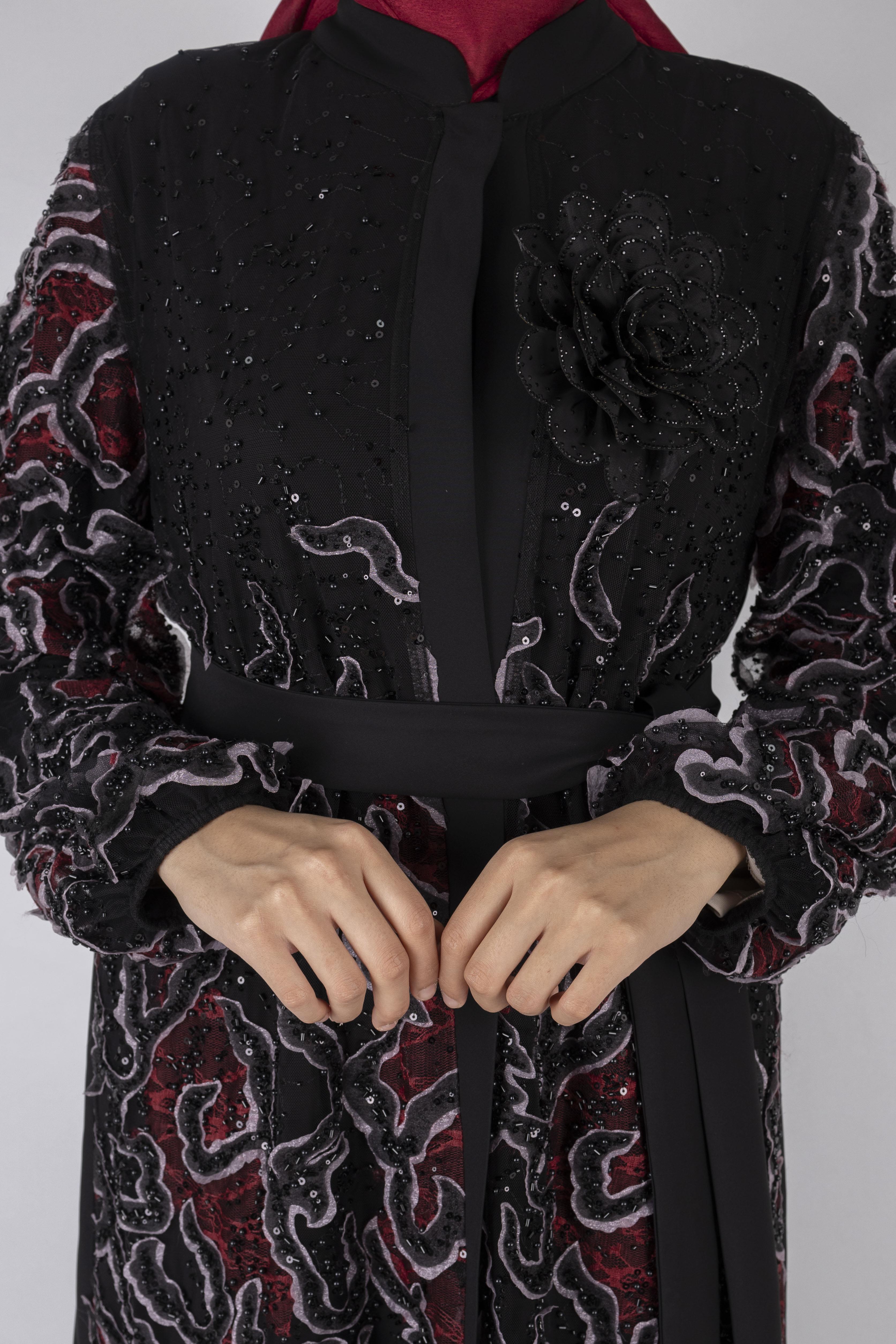 Orhan Store Abaya Takım Siyah-Bordo OTW2682