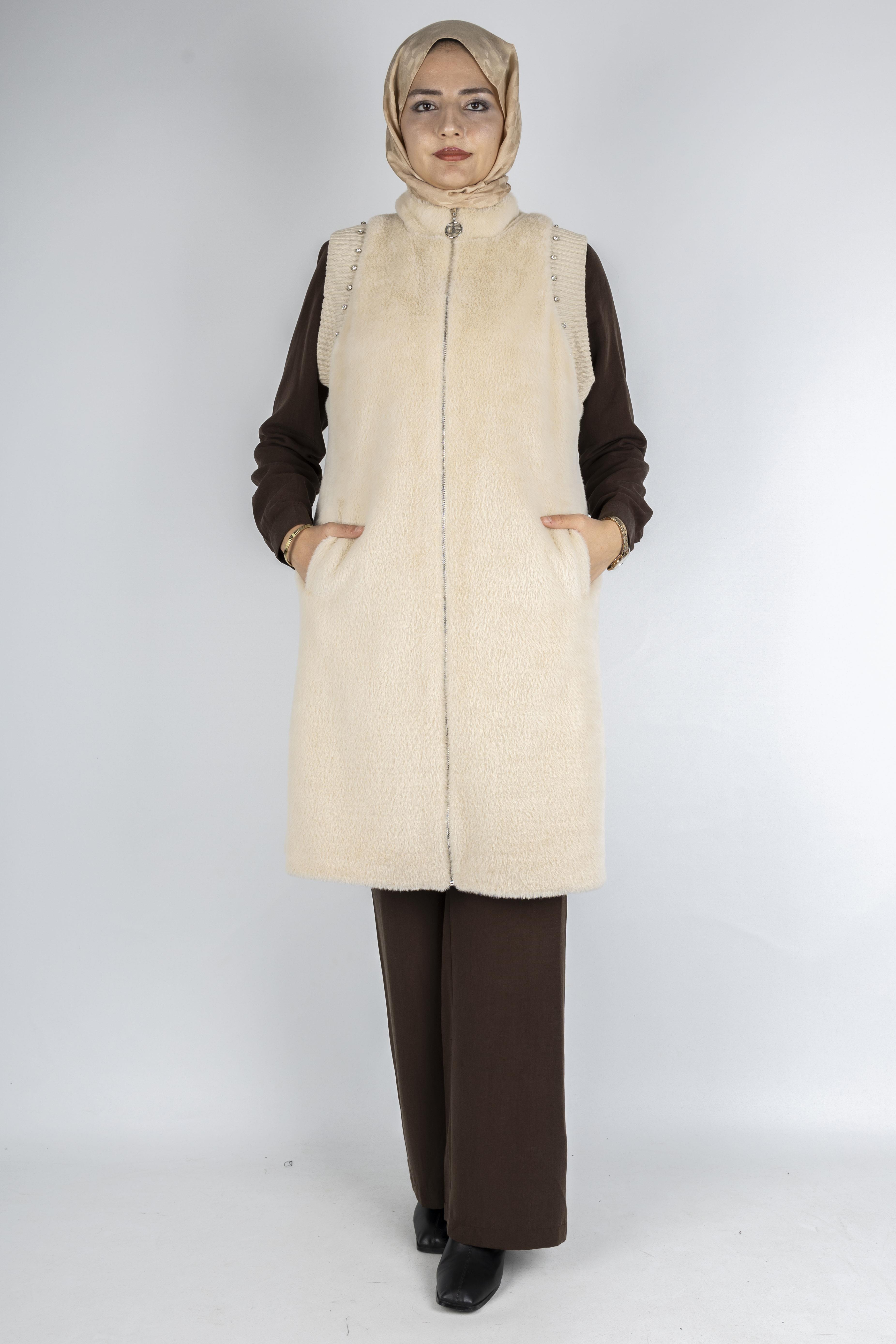 Orhan Store Angora Fermuarlı Yelek Bej OTW1128