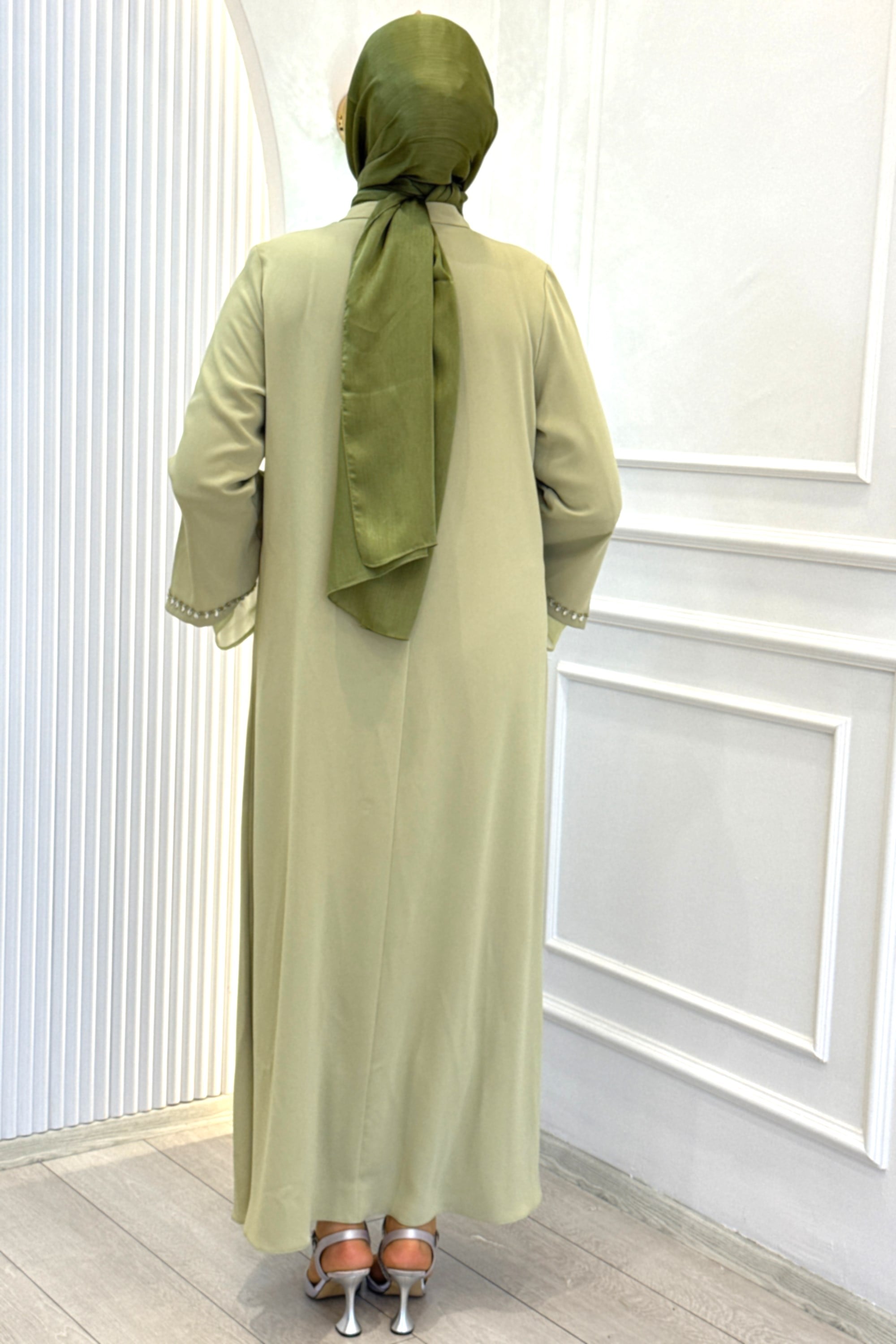 Orhan Store Büyük Beden Boncuk İşlemeli Şık Tesettür Elbise Su Yeşili OTW1903