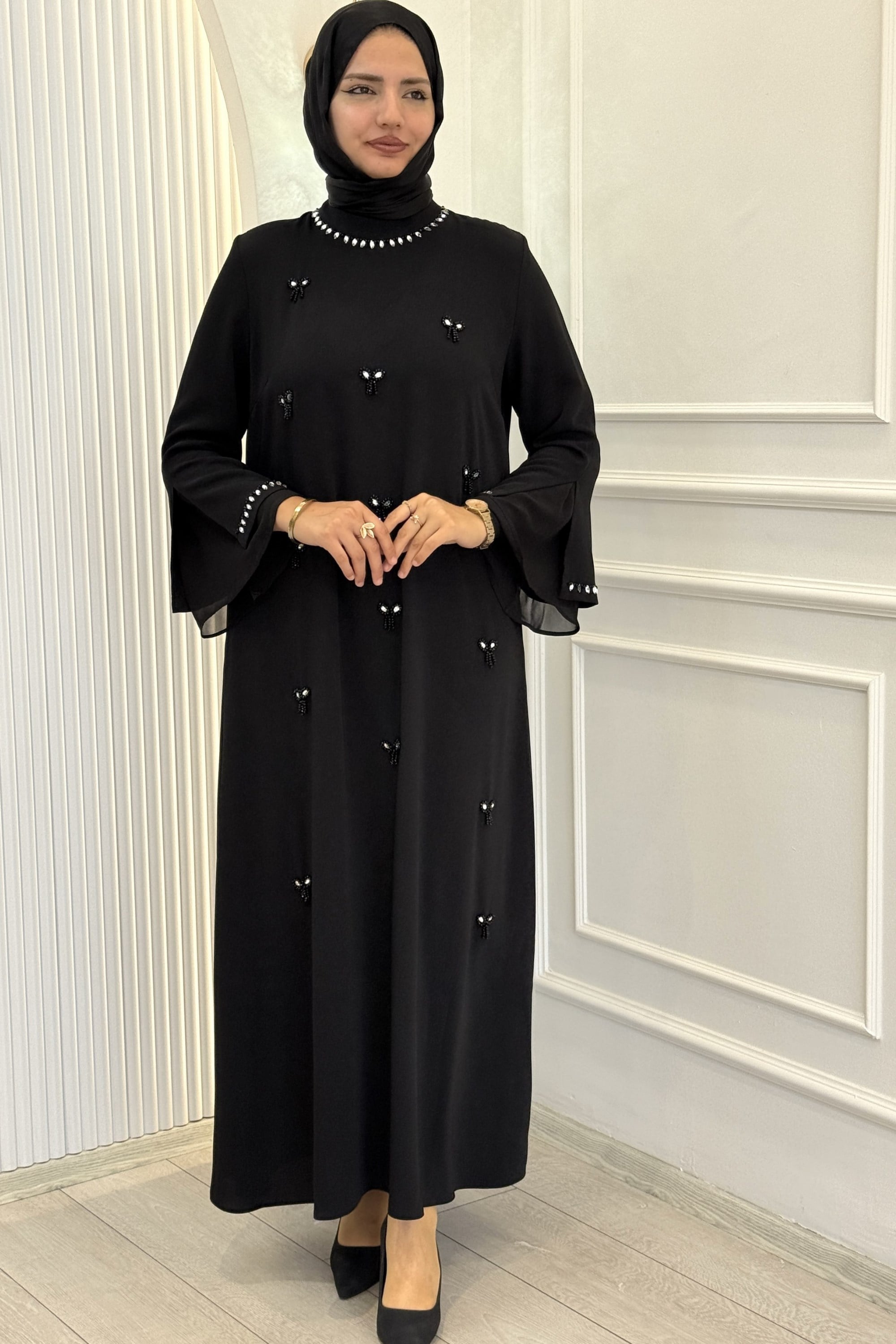 Orhan Store Büyük Beden Boncuk İşlemeli Şık Tesettür Elbise Siyah OTW1903