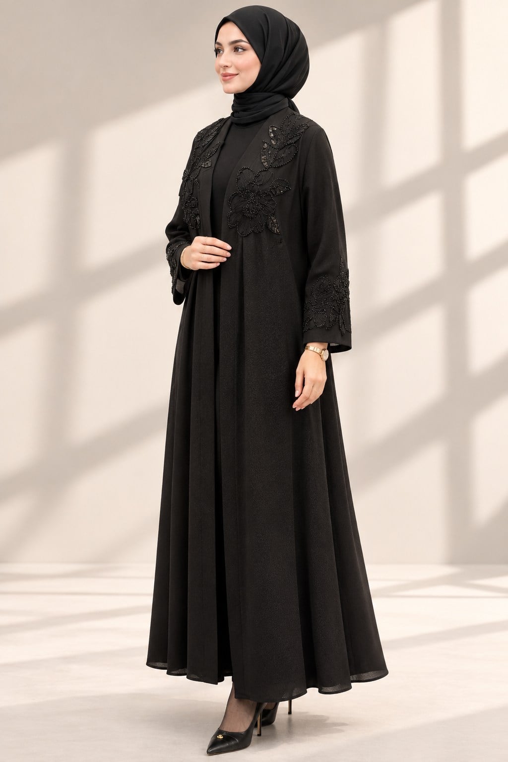 Orhan Store Büyük Beden Çiçek İşlemeli Boncuk Detaylı İkili Abaya Takım Siyah OTW2587