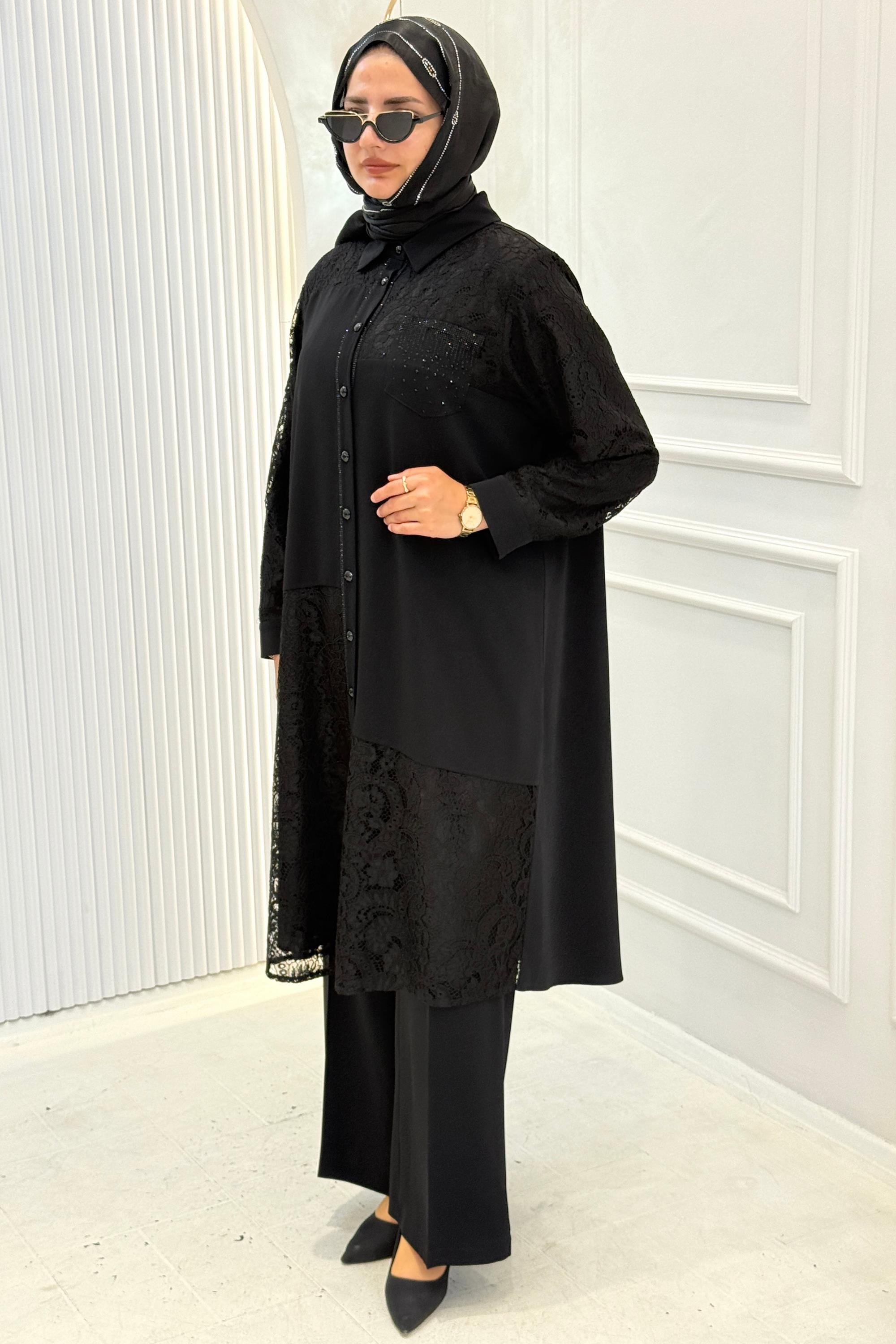 Orhan Store Büyük Beden Dantel Taş Detaylı Pantolonlu Takım Siyah OTW2880