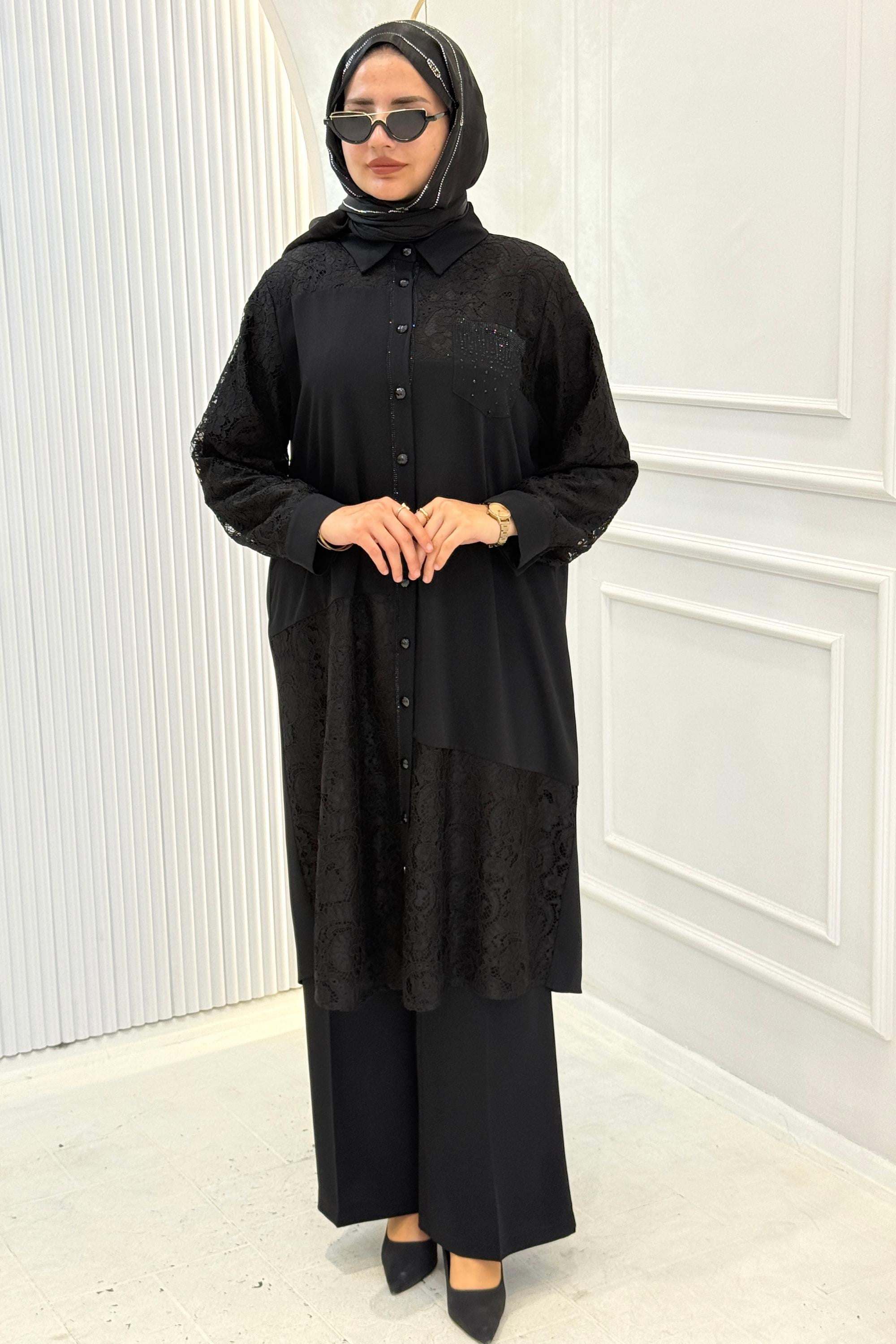 Orhan Store Büyük Beden Dantel Taş Detaylı Pantolonlu Takım Siyah OTW2880