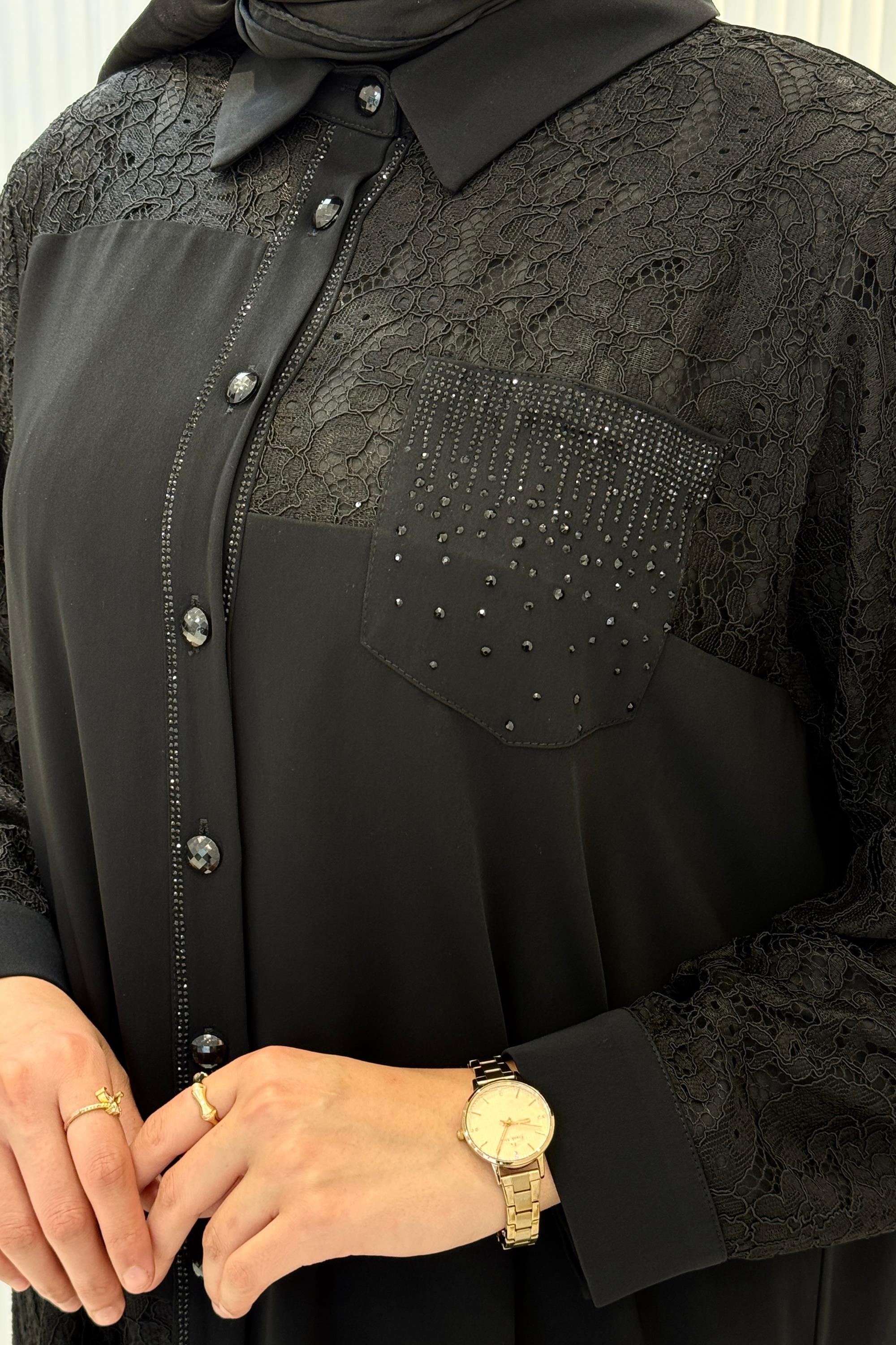 Orhan Store Büyük Beden Dantel Taş Detaylı Pantolonlu Takım Siyah OTW2880