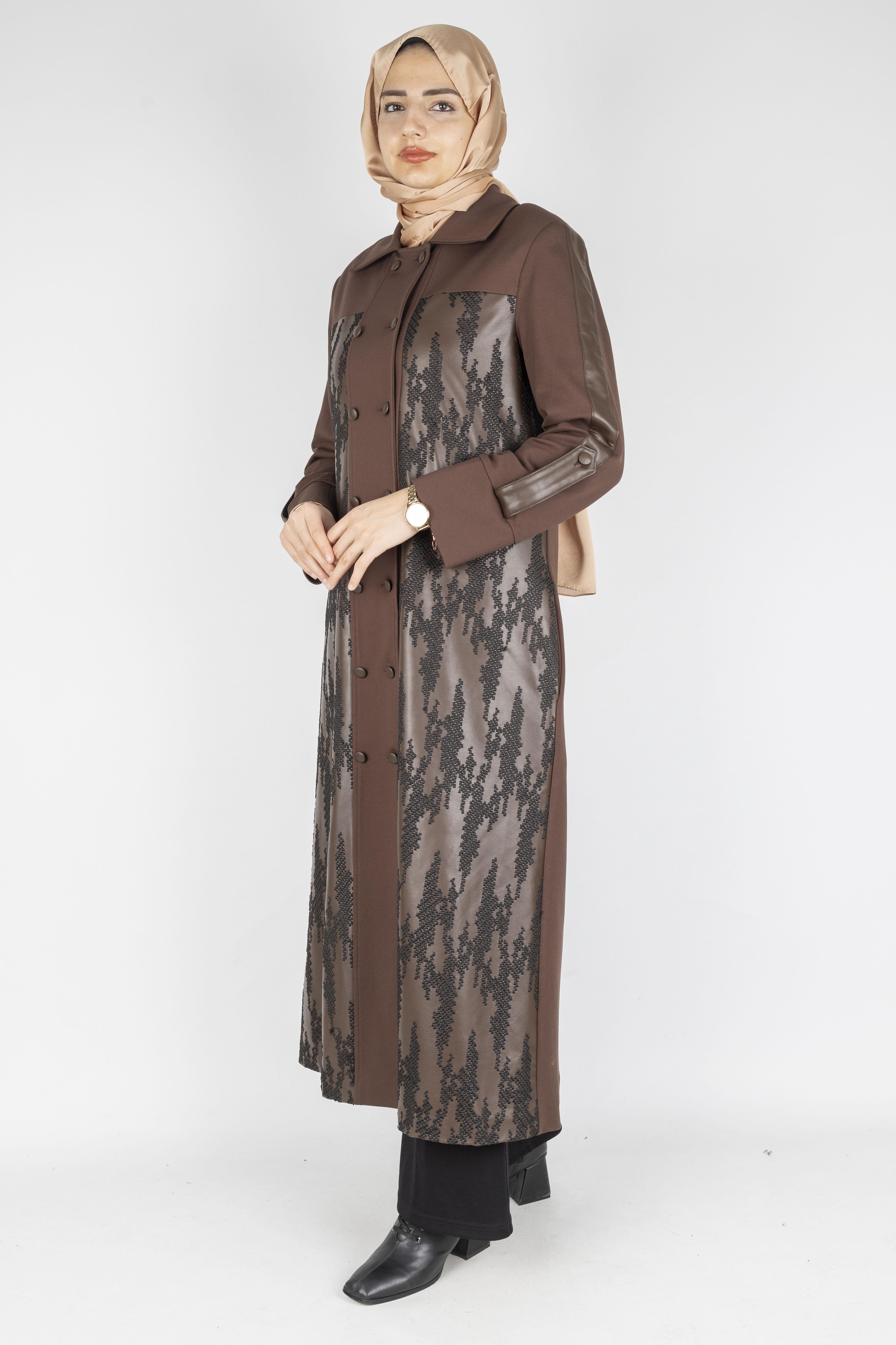 Orhan Store Büyük Beden Deri Detaylı Çift Düğmeli Uzun Kap Kahve OTW1581