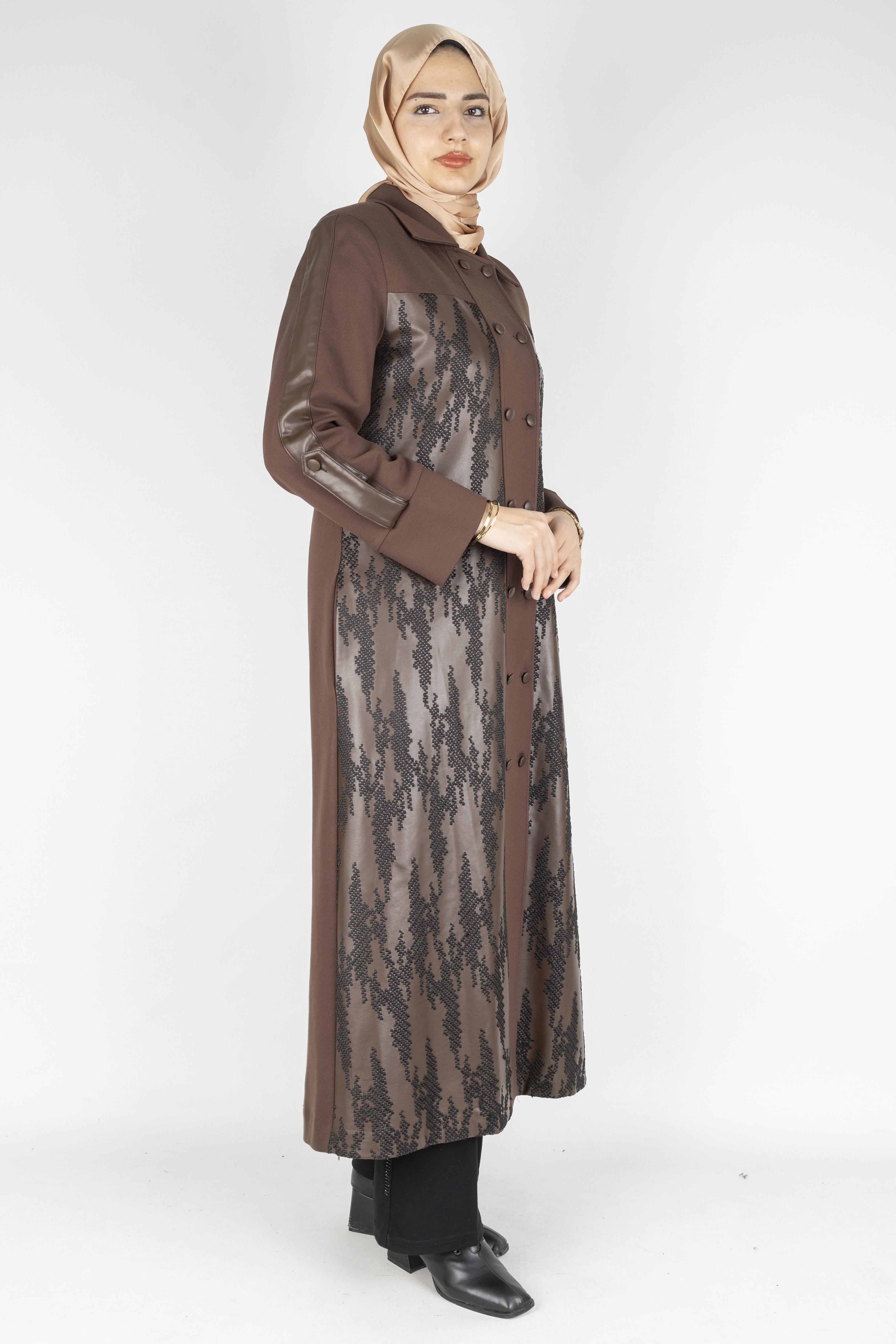 Orhan Store Büyük Beden Deri Detaylı Çift Düğmeli Uzun Kap Kahve OTW1581