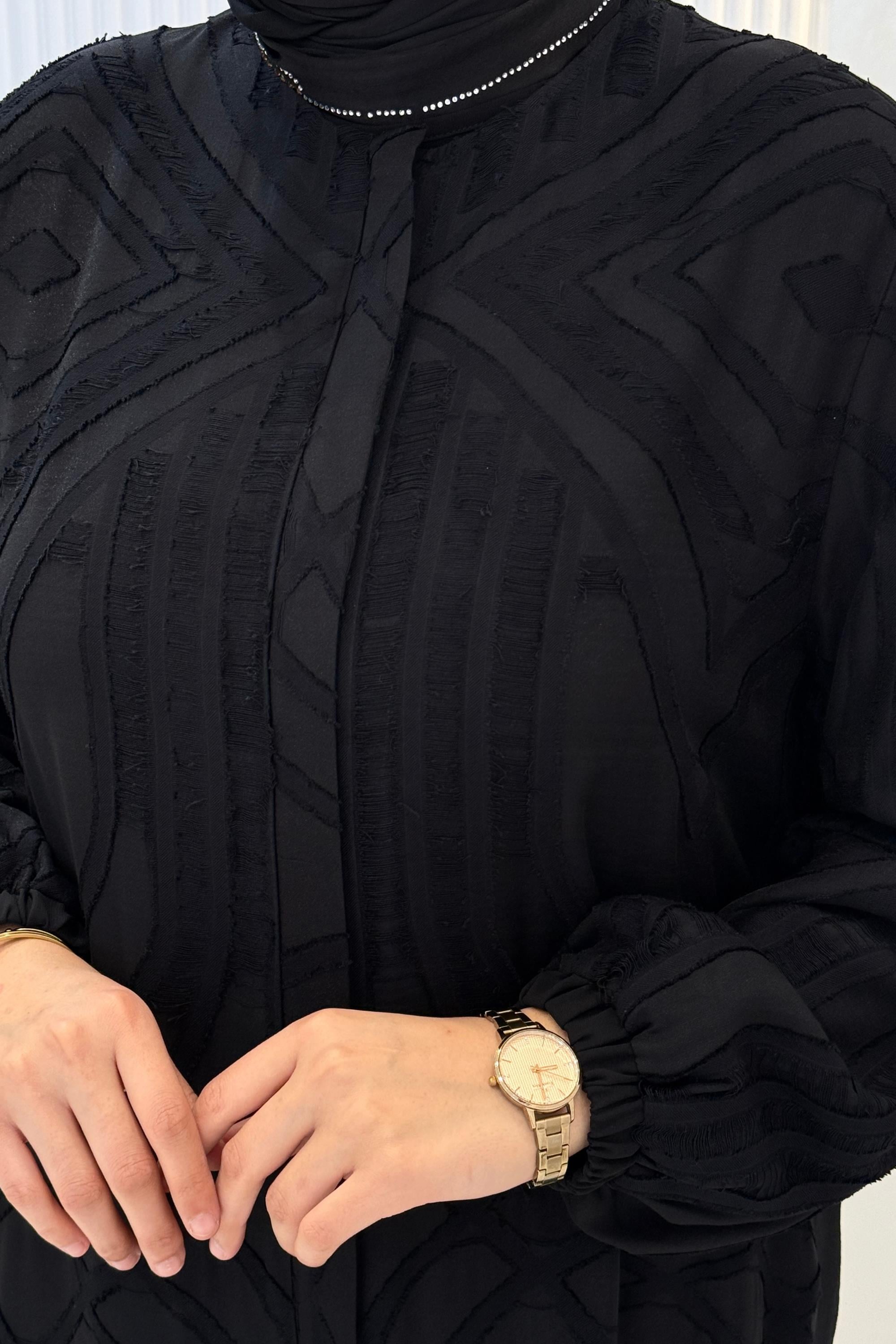 Orhan Store Büyük Beden Desenli Ferace Siyah OTW1160-1