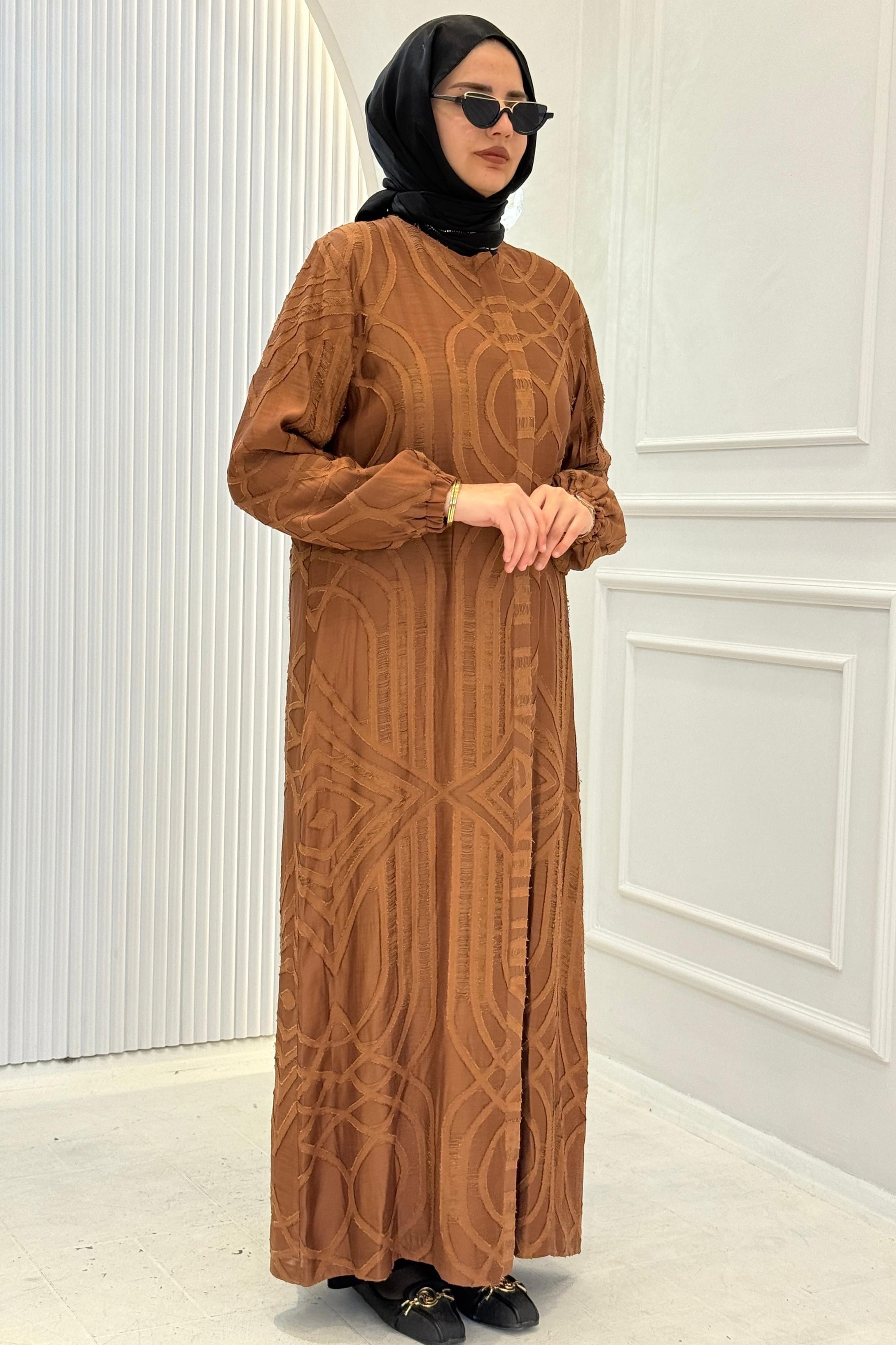 Orhan Store Büyük Beden Desenli Ferace Kahve OTW1160-1