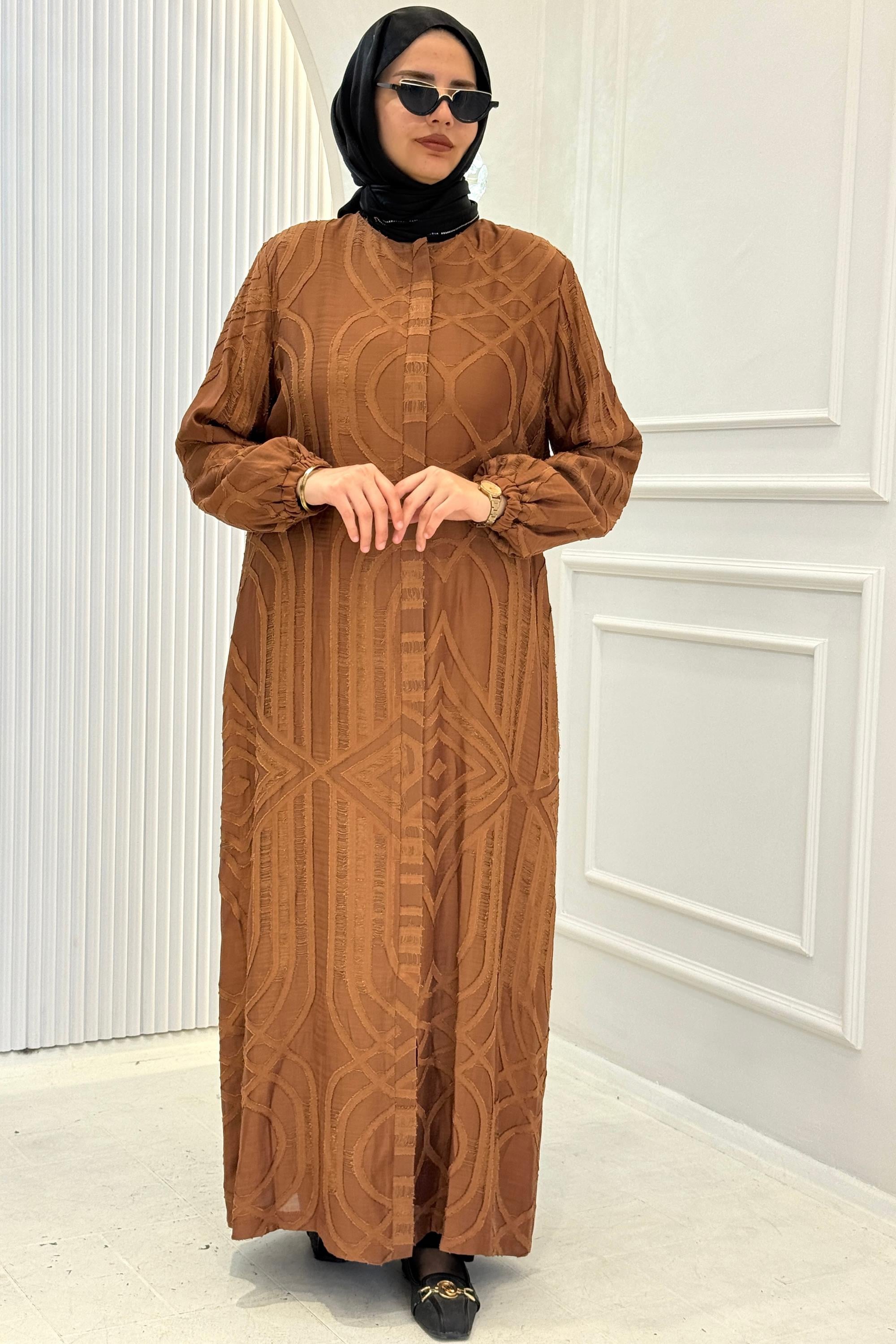 Orhan Store Büyük Beden Desenli Ferace Kahve OTW1160-1