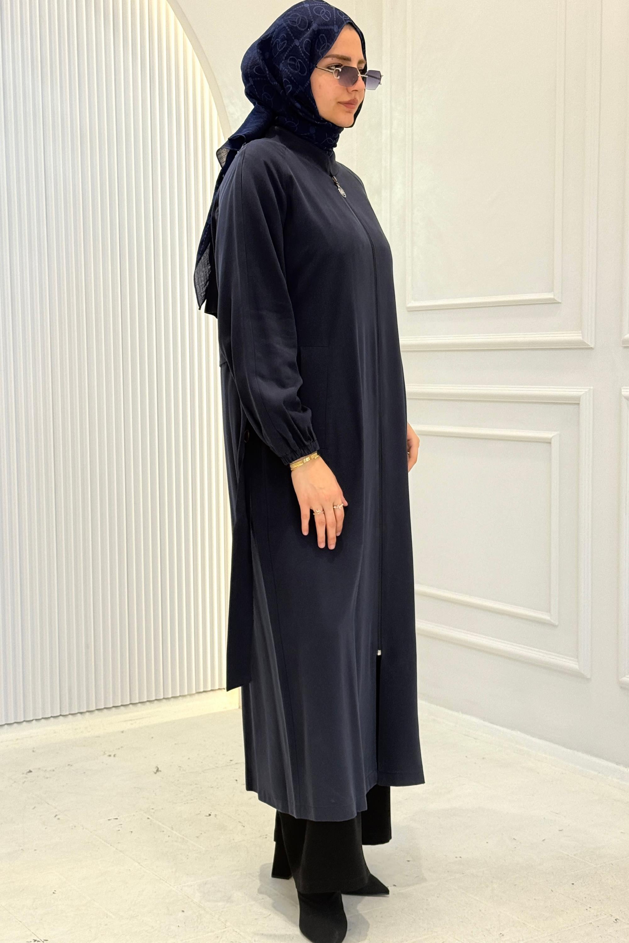 Orhan Store Büyük Beden Fermuarlı Tesettür Kap Lacivert OTW1632