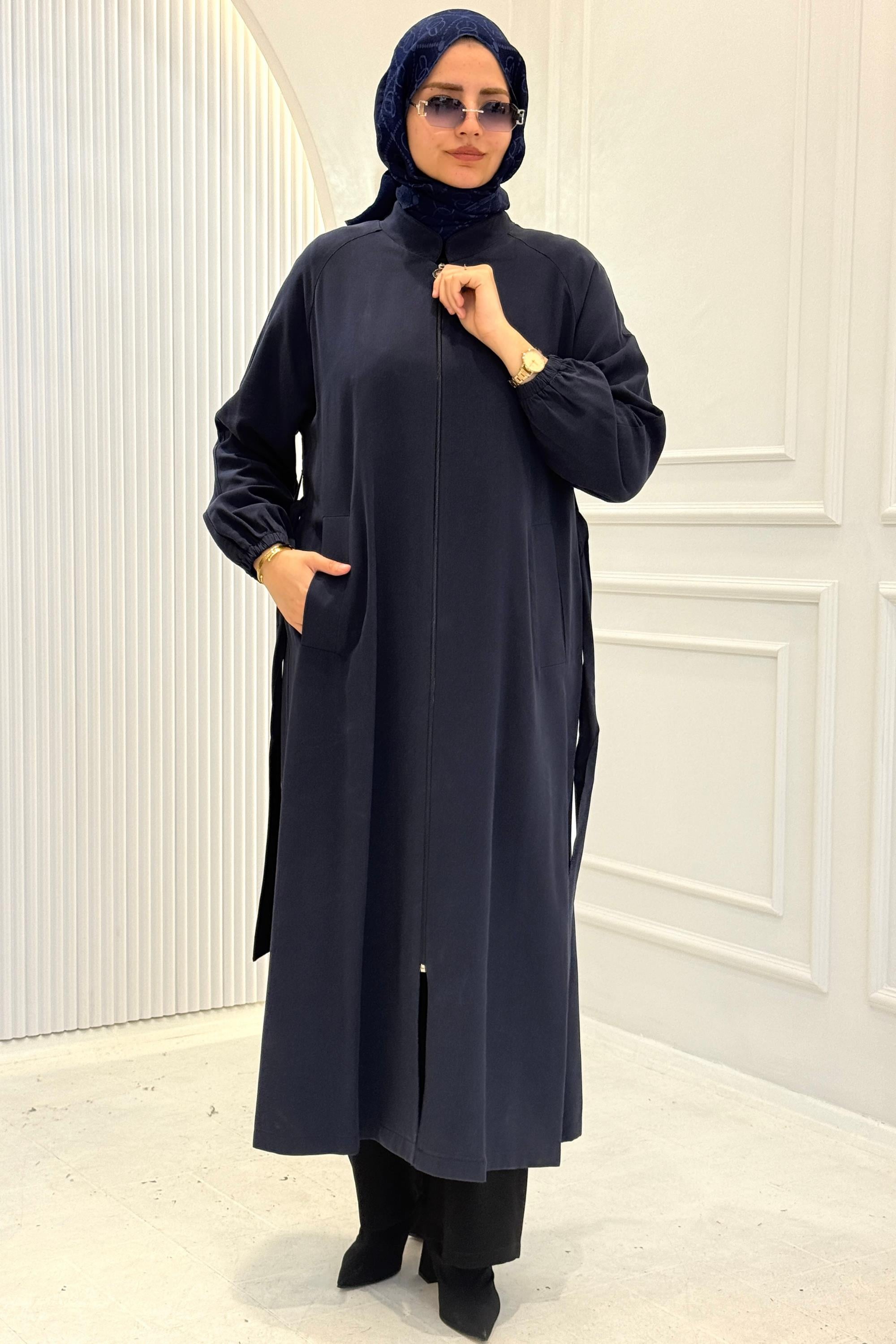 Orhan Store Büyük Beden Fermuarlı Tesettür Kap Lacivert OTW1632