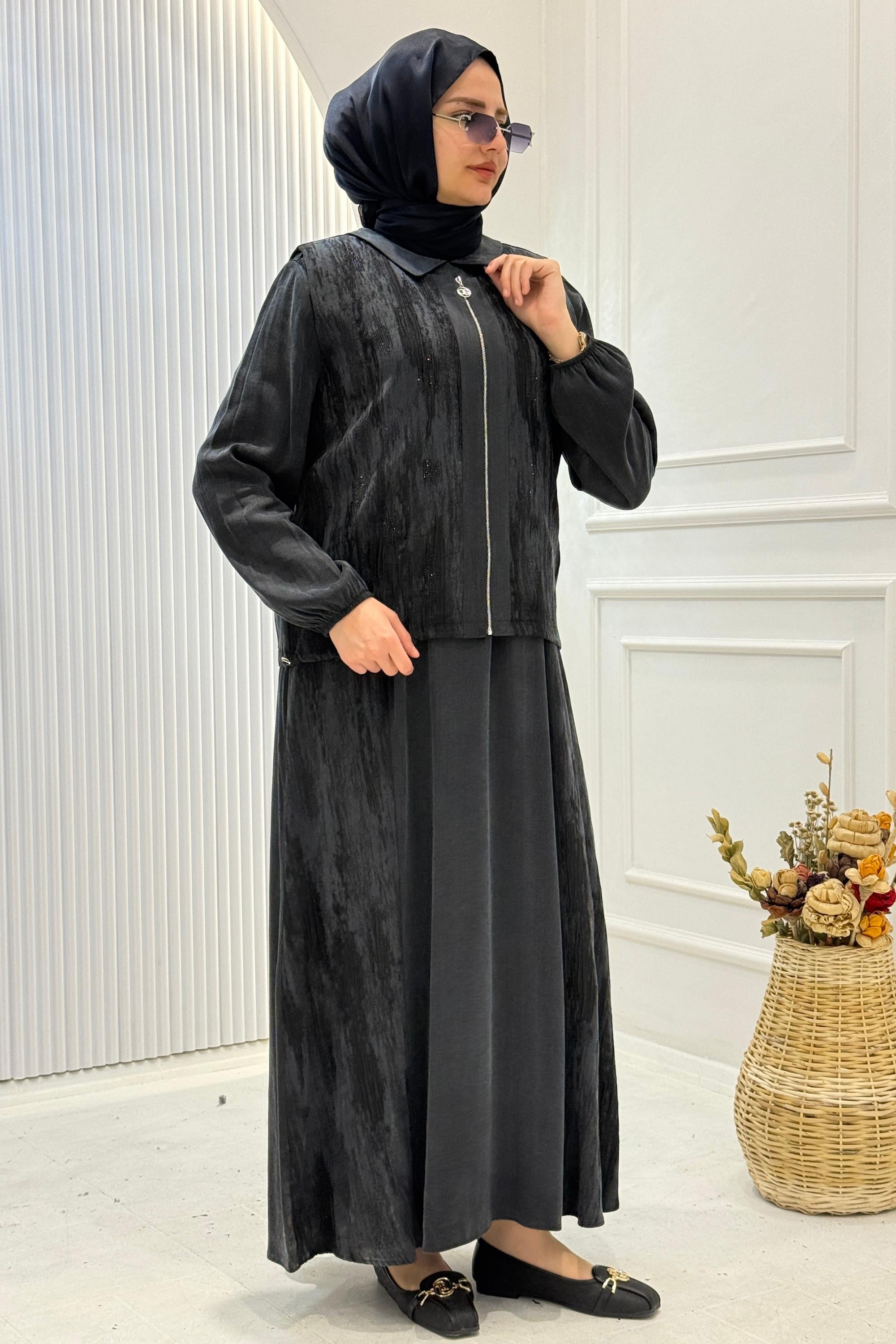 Orhan Store Büyük Beden İpek Qupra İkili Elbise Takım Siyah OTW2717