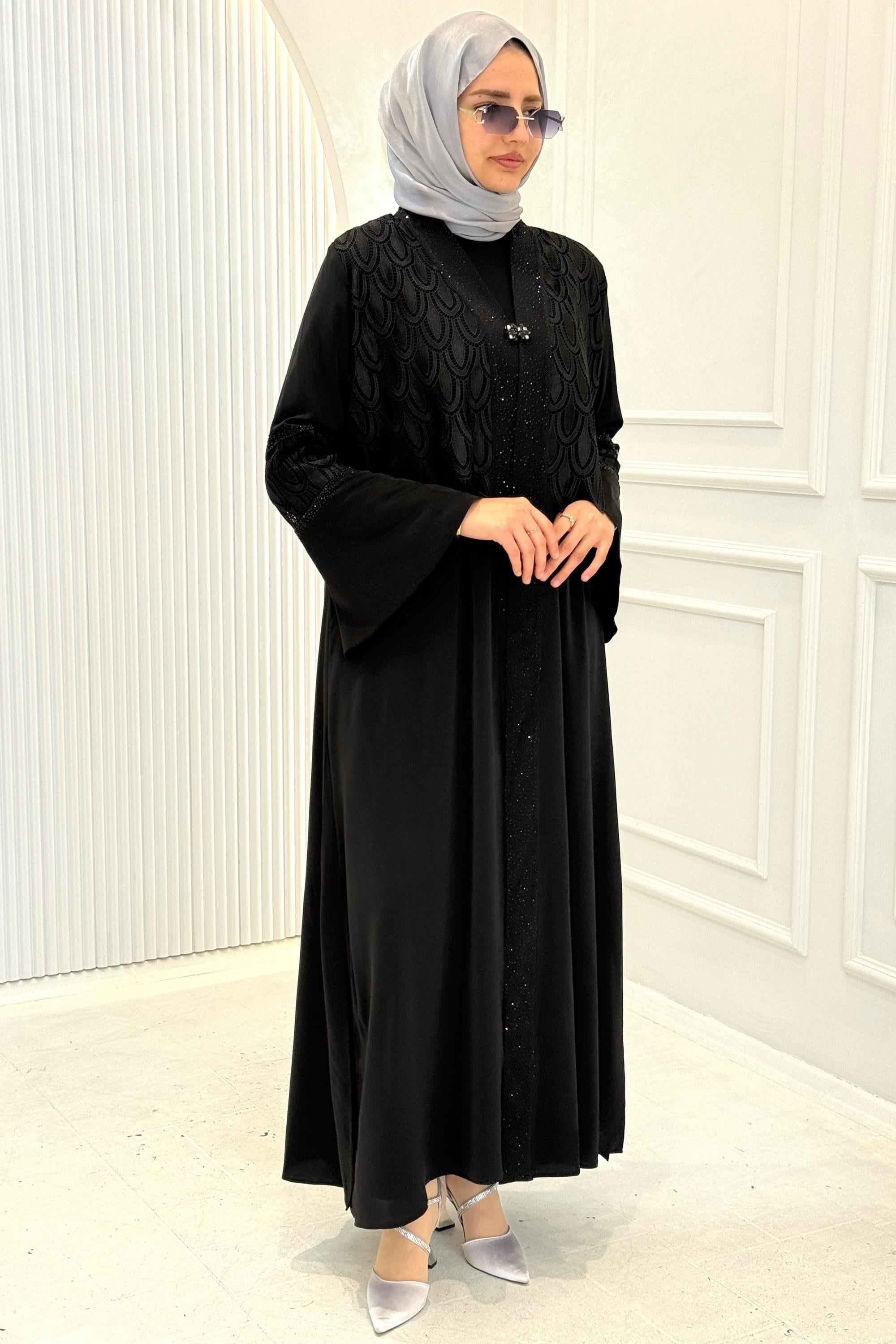 Orhan Store Büyük Beden Küpür İşlemeli Abaya Takım Siyah OTW2814