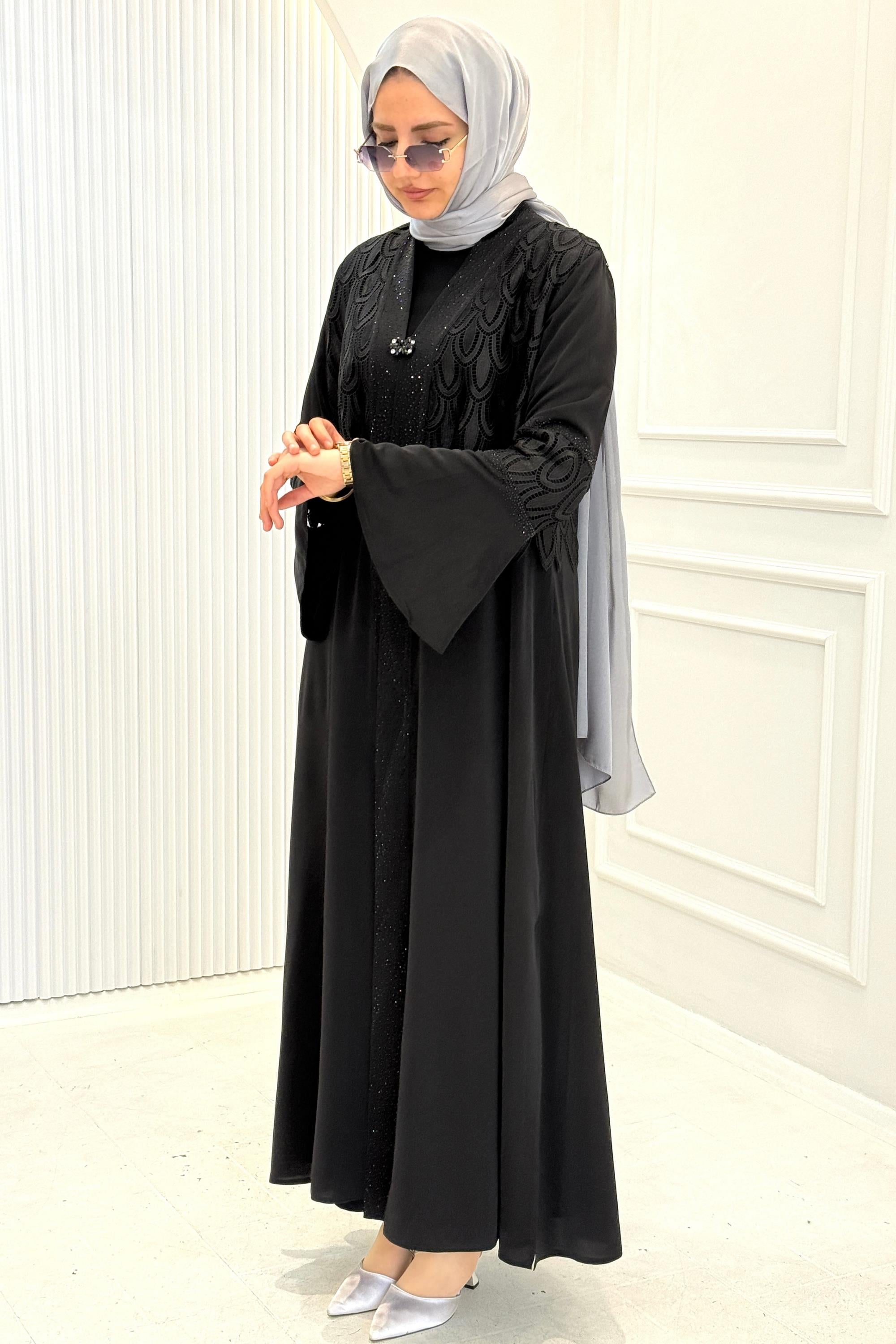 Orhan Store Büyük Beden Küpür İşlemeli Abaya Takım Siyah OTW2814